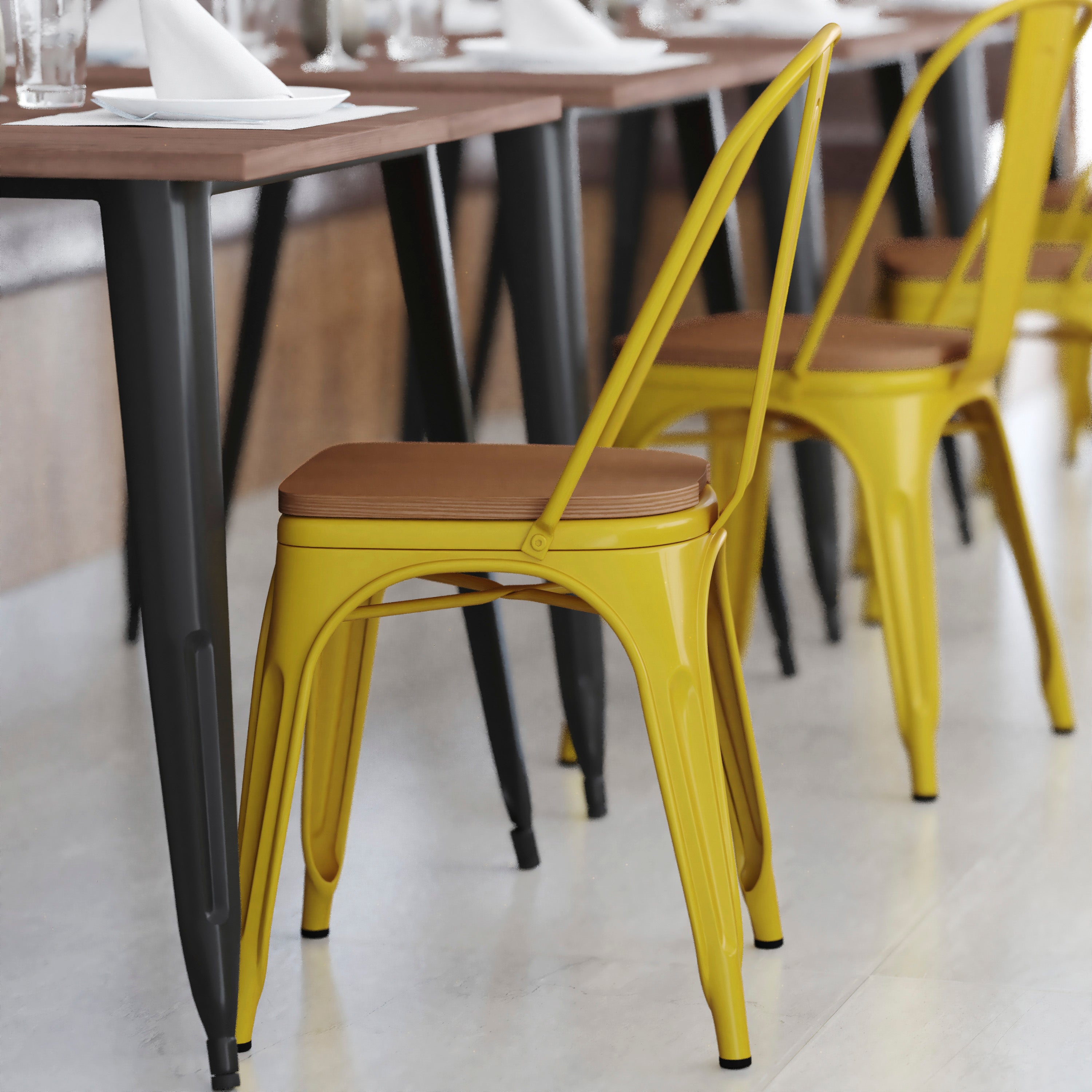 Perry Commercial Grade Yellow Metal Indoor-Outdoor Stackable Chair with Teak Poly Resin Wood Seat