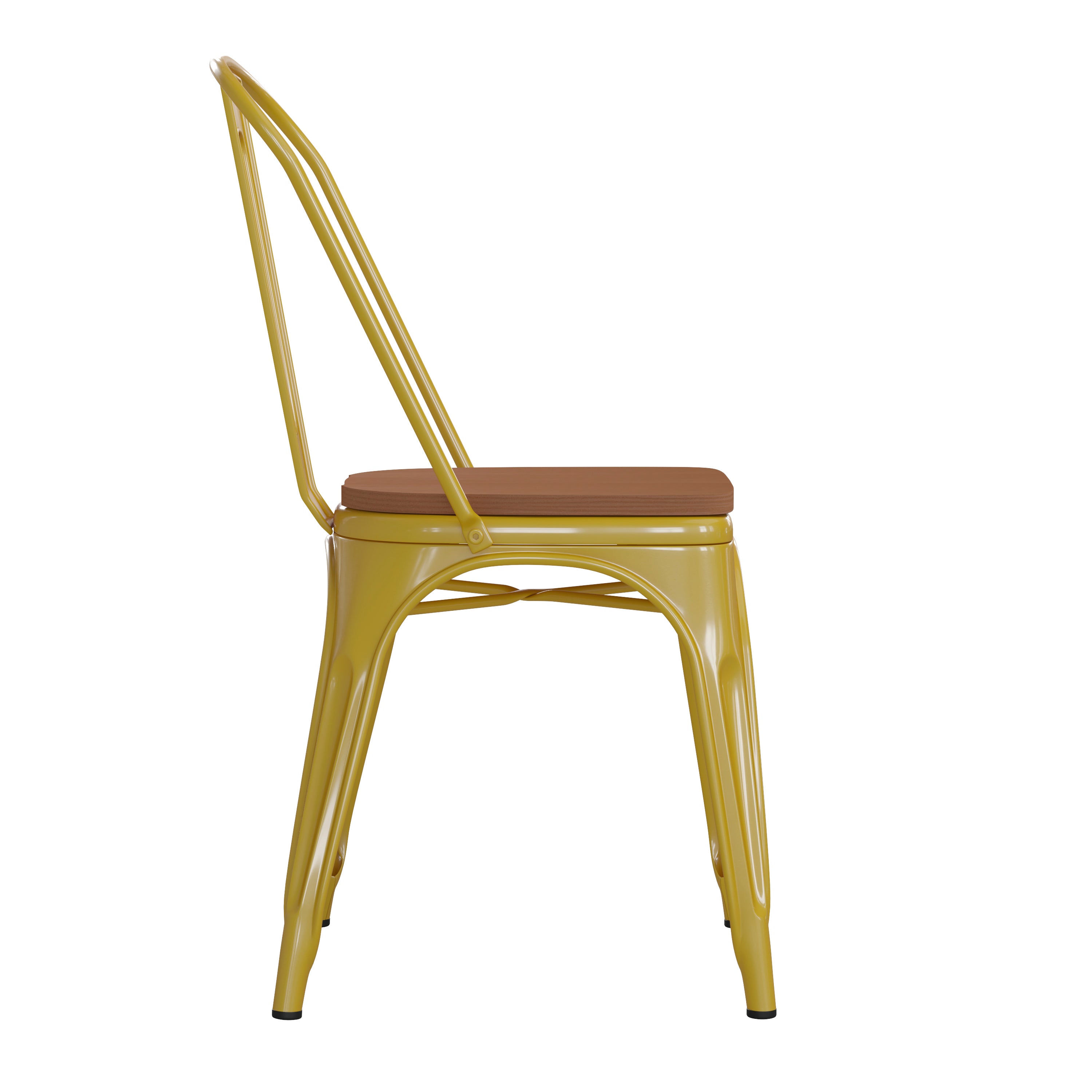 Perry Commercial Grade Yellow Metal Indoor-Outdoor Stackable Chair with Teak Poly Resin Wood Seat