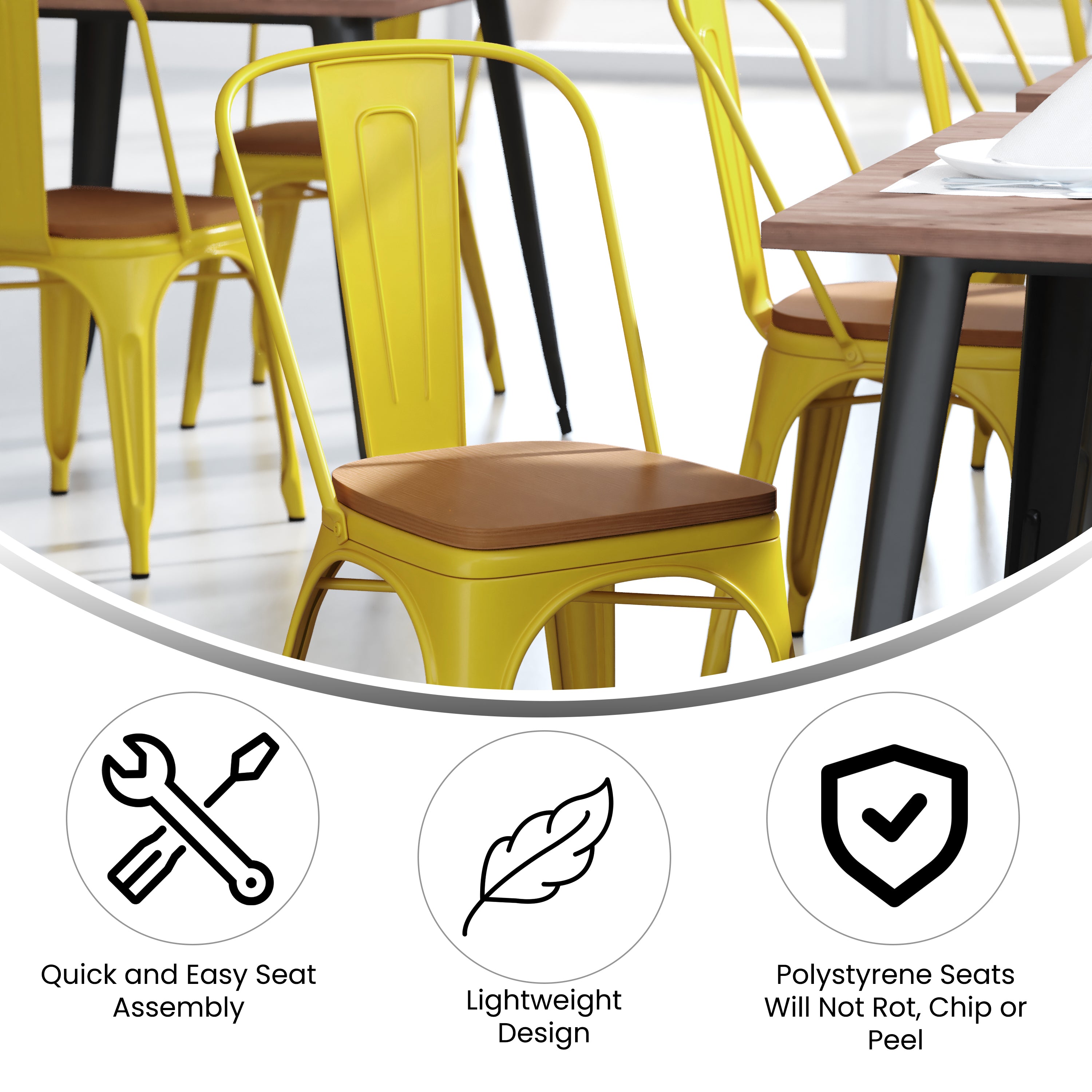 Perry Commercial Grade Yellow Metal Indoor-Outdoor Stackable Chair with Teak Poly Resin Wood Seat