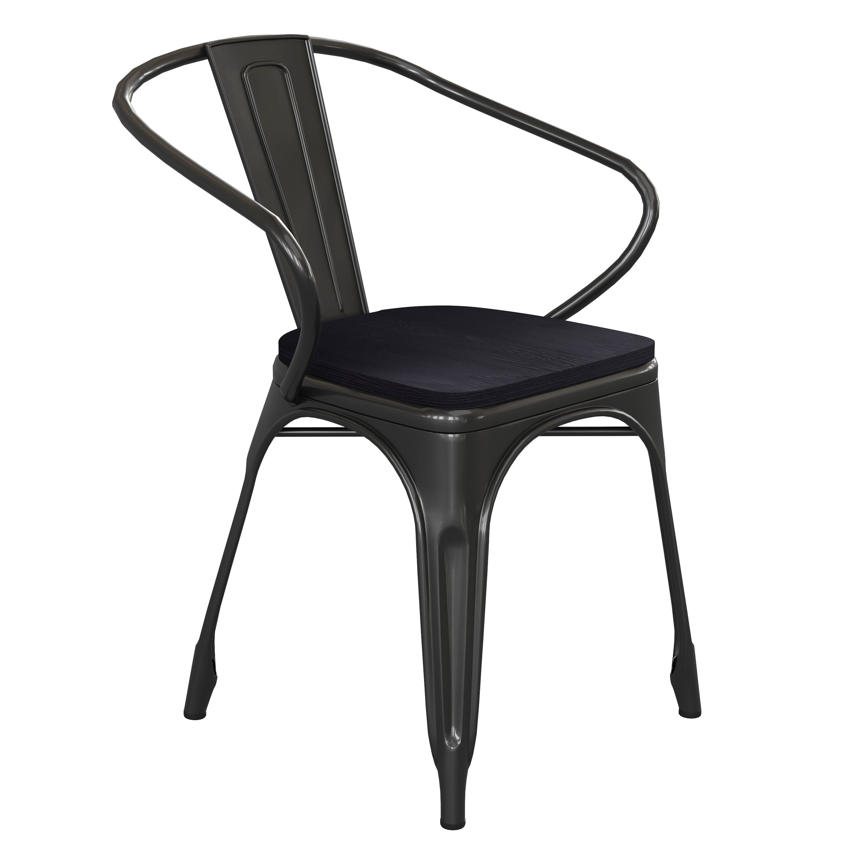 Luna Commercial Grade Black Metal Indoor-Outdoor Chair with Arms with Black Poly Resin Wood Seat