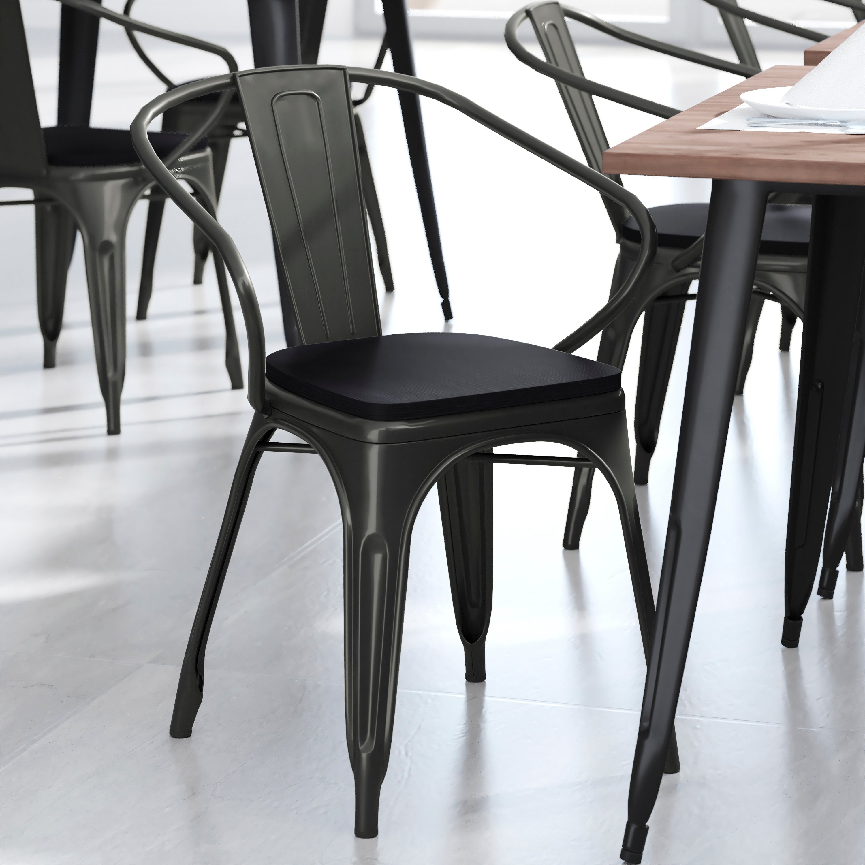 Luna Commercial Grade Black Metal Indoor-Outdoor Chair with Arms with Black Poly Resin Wood Seat