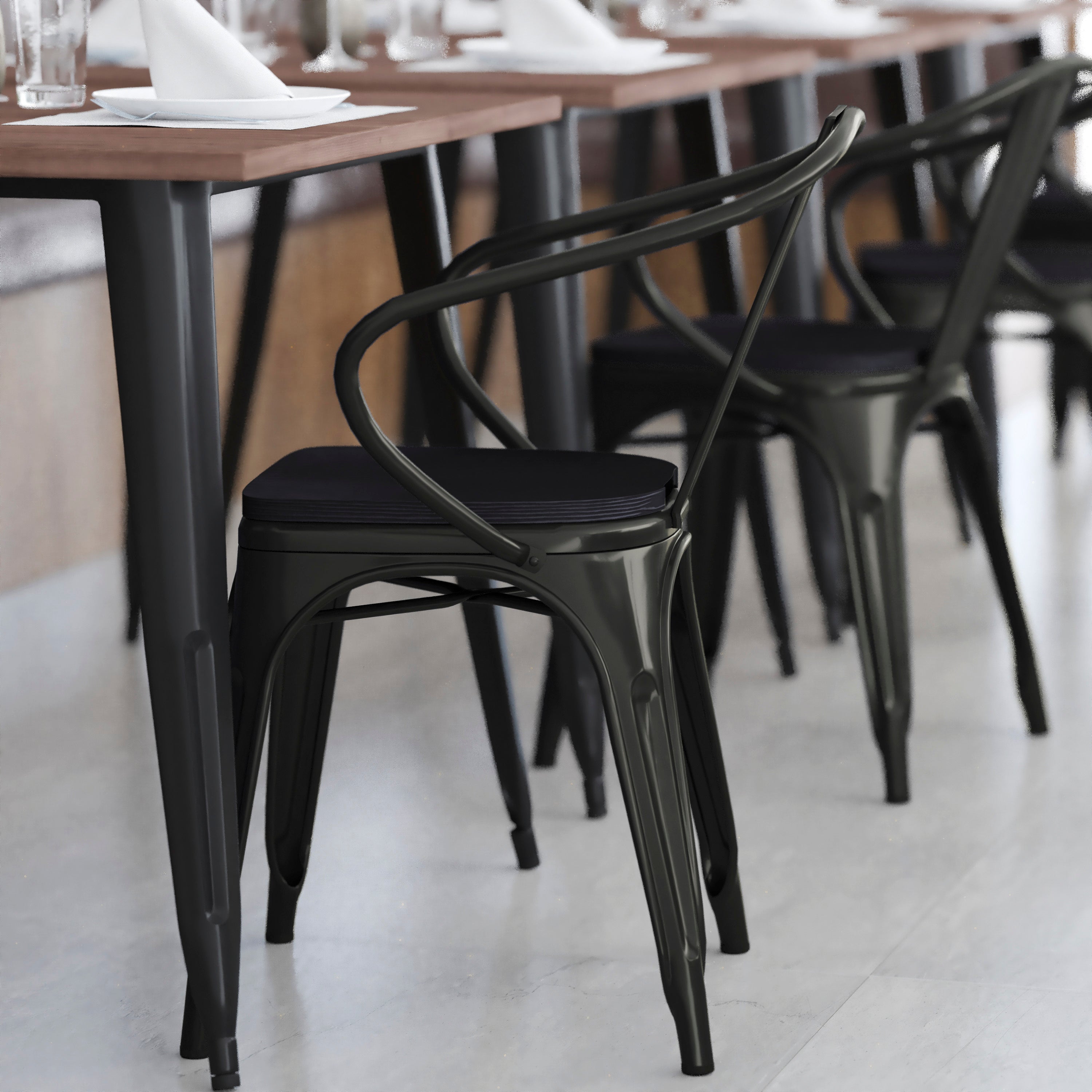Luna Commercial Grade Black Metal Indoor-Outdoor Chair with Arms with Black Poly Resin Wood Seat