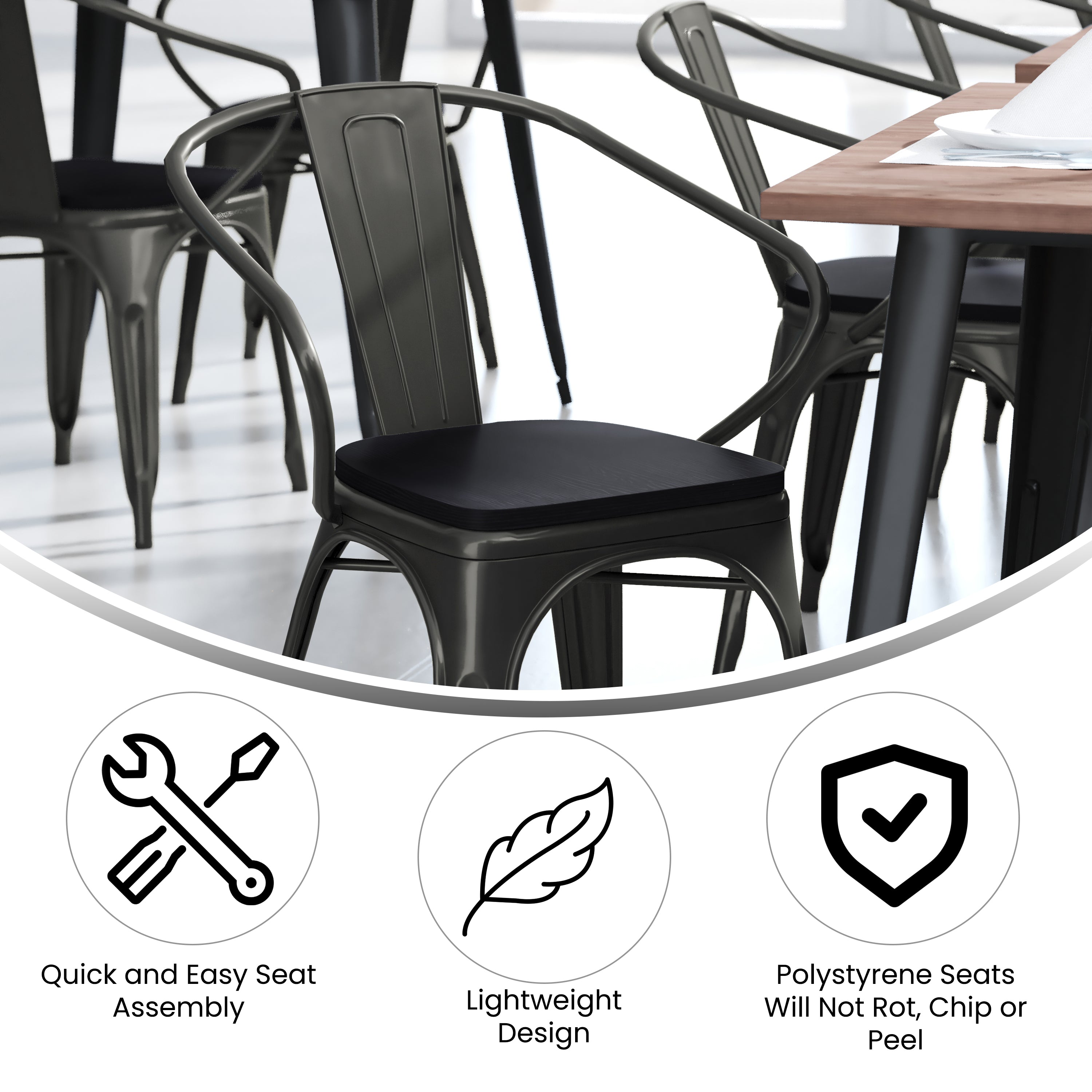 Luna Commercial Grade Black Metal Indoor-Outdoor Chair with Arms with Black Poly Resin Wood Seat