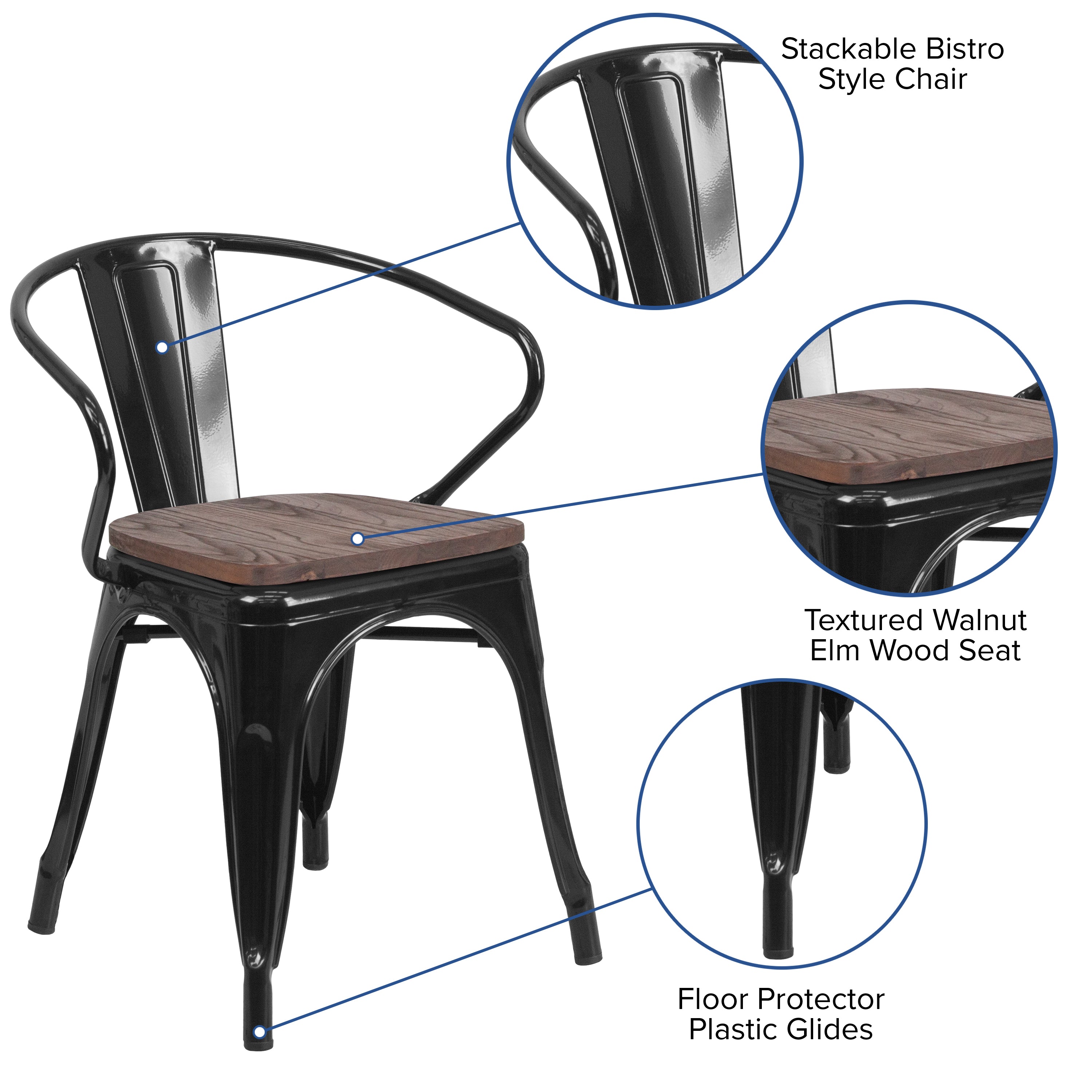 Luna Black Metal Chair with Wood Seat and Arms