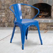 Luna Commercial Grade Blue Metal Indoor-Outdoor Chair with Arms