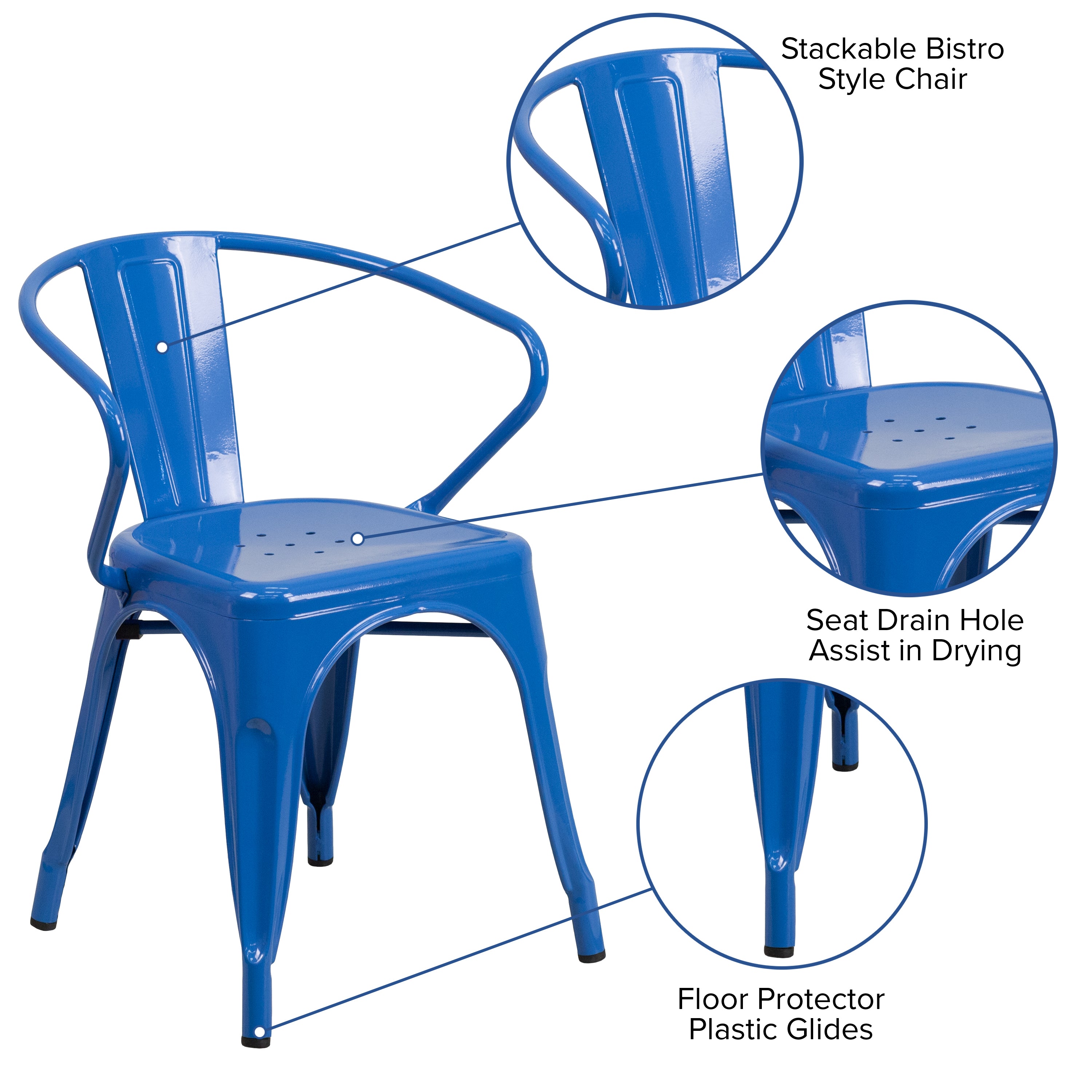 Luna Commercial Grade Blue Metal Indoor-Outdoor Chair with Arms