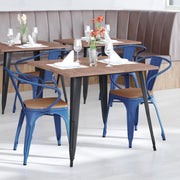 Luna Commercial Grade Blue Metal Indoor-Outdoor Chair with Arms with Teak Poly Resin Wood Seat