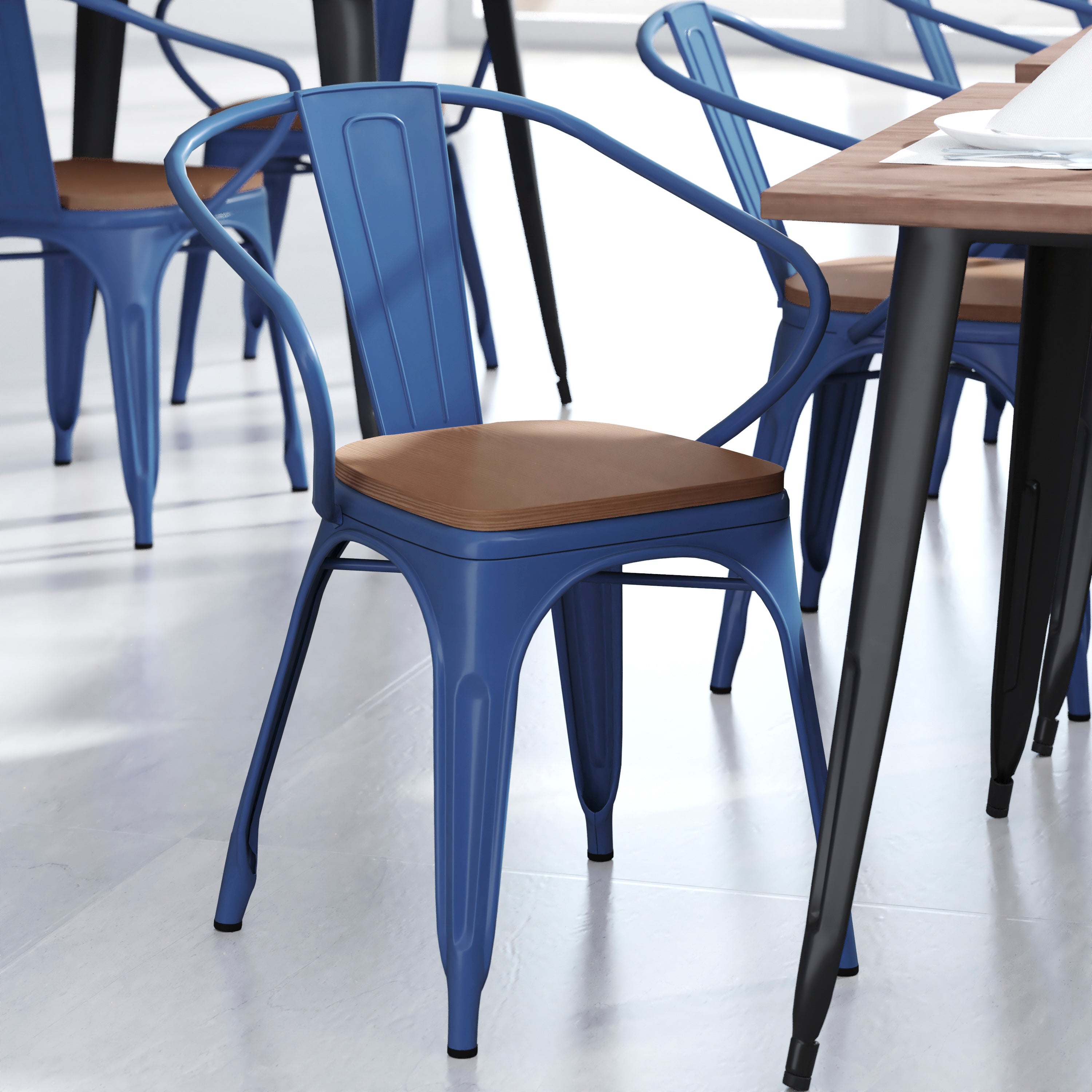 Luna Commercial Grade Blue Metal Indoor-Outdoor Chair with Arms with Teak Poly Resin Wood Seat