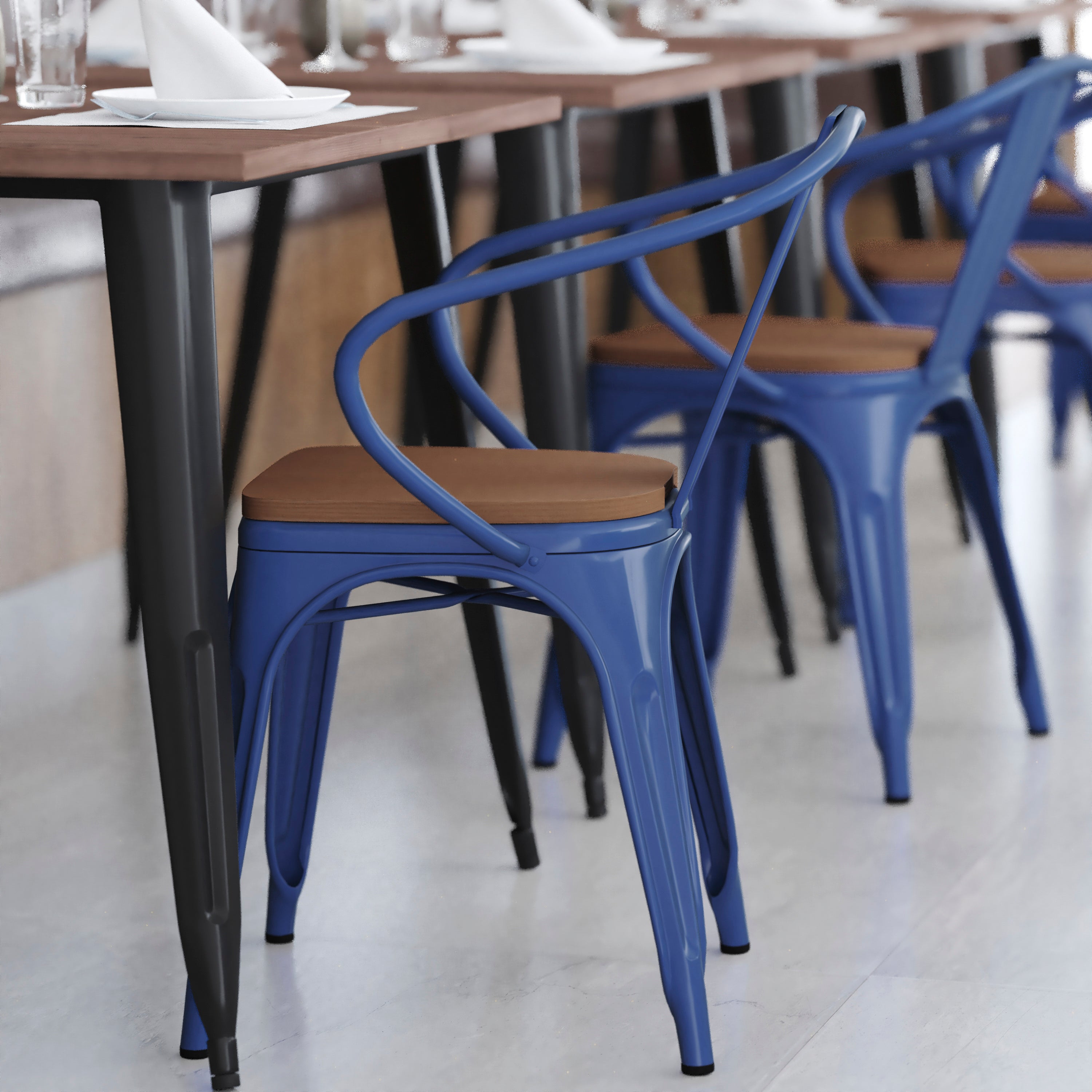 Luna Commercial Grade Blue Metal Indoor-Outdoor Chair with Arms with Teak Poly Resin Wood Seat