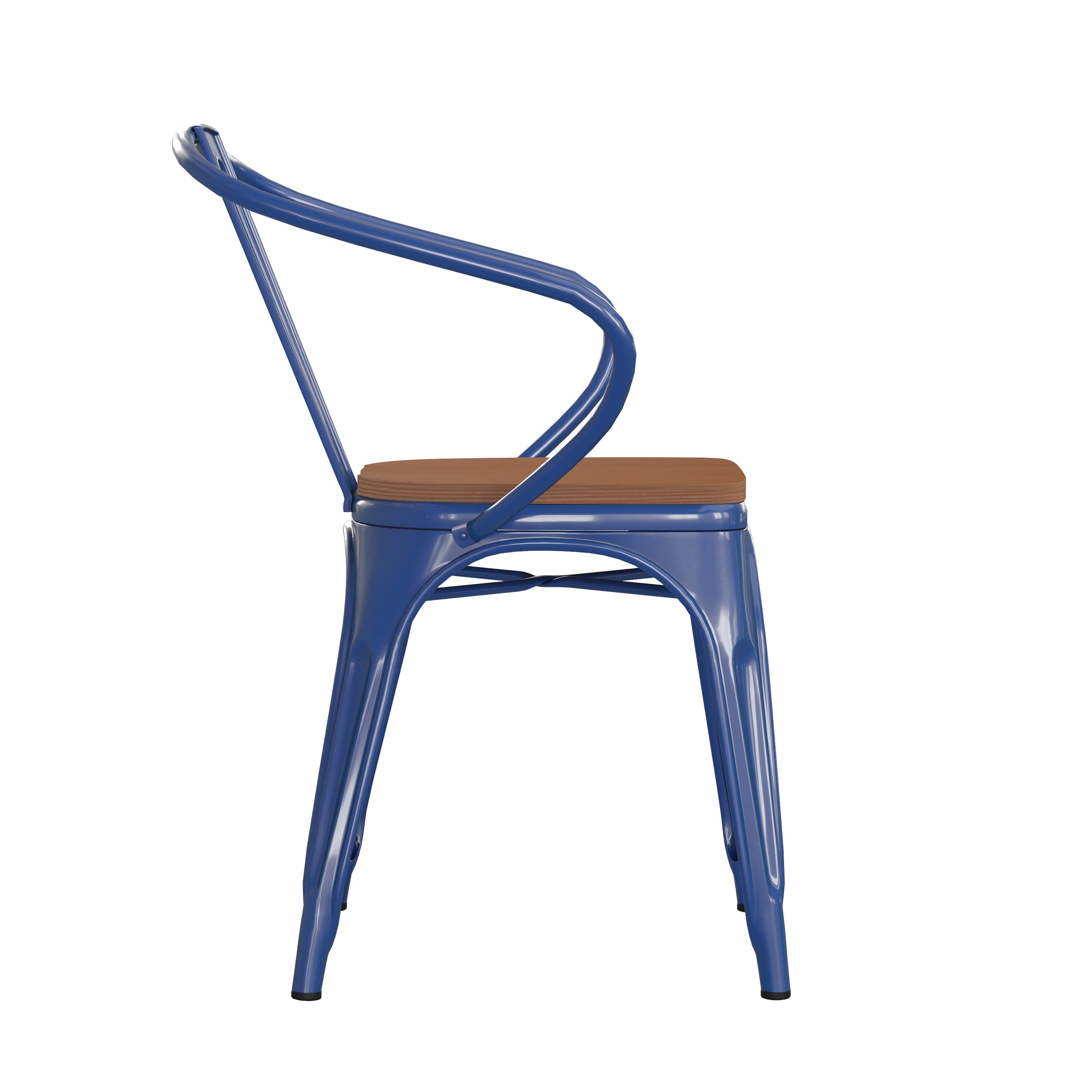 Luna Commercial Grade Blue Metal Indoor-Outdoor Chair with Arms with Teak Poly Resin Wood Seat