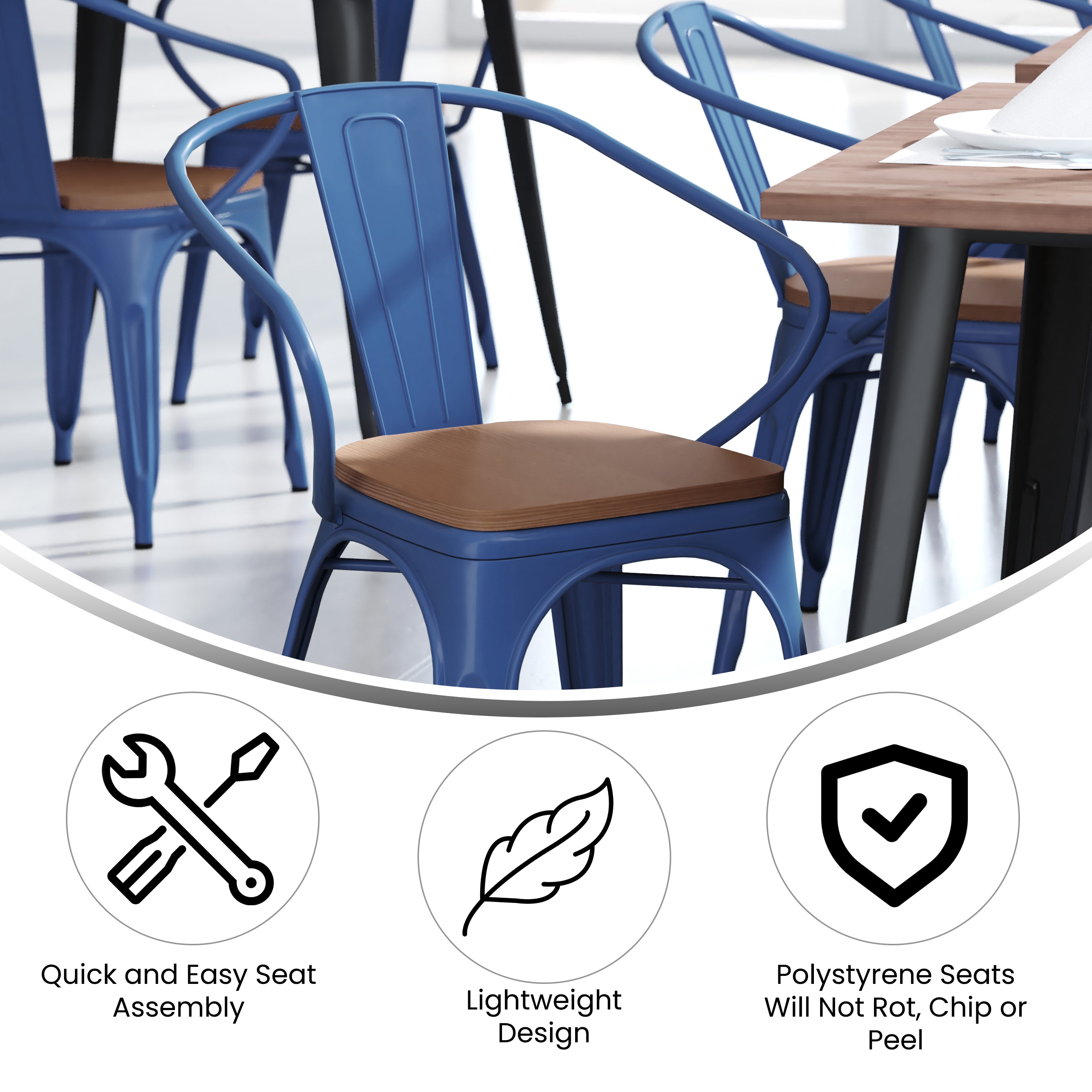 Luna Commercial Grade Blue Metal Indoor-Outdoor Chair with Arms with Teak Poly Resin Wood Seat