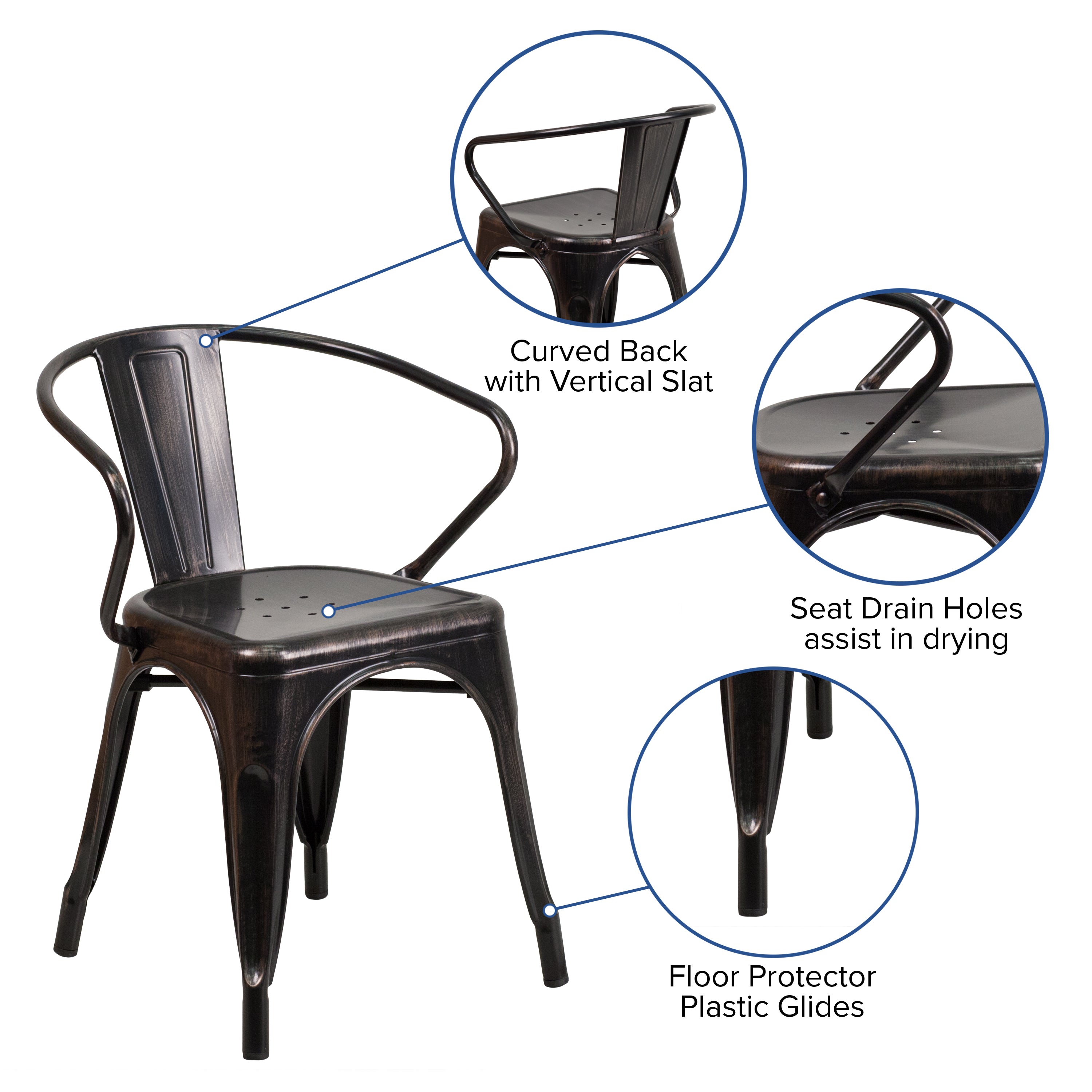Luna Commercial Grade Black-Antique Gold Metal Indoor-Outdoor Chair with Arms