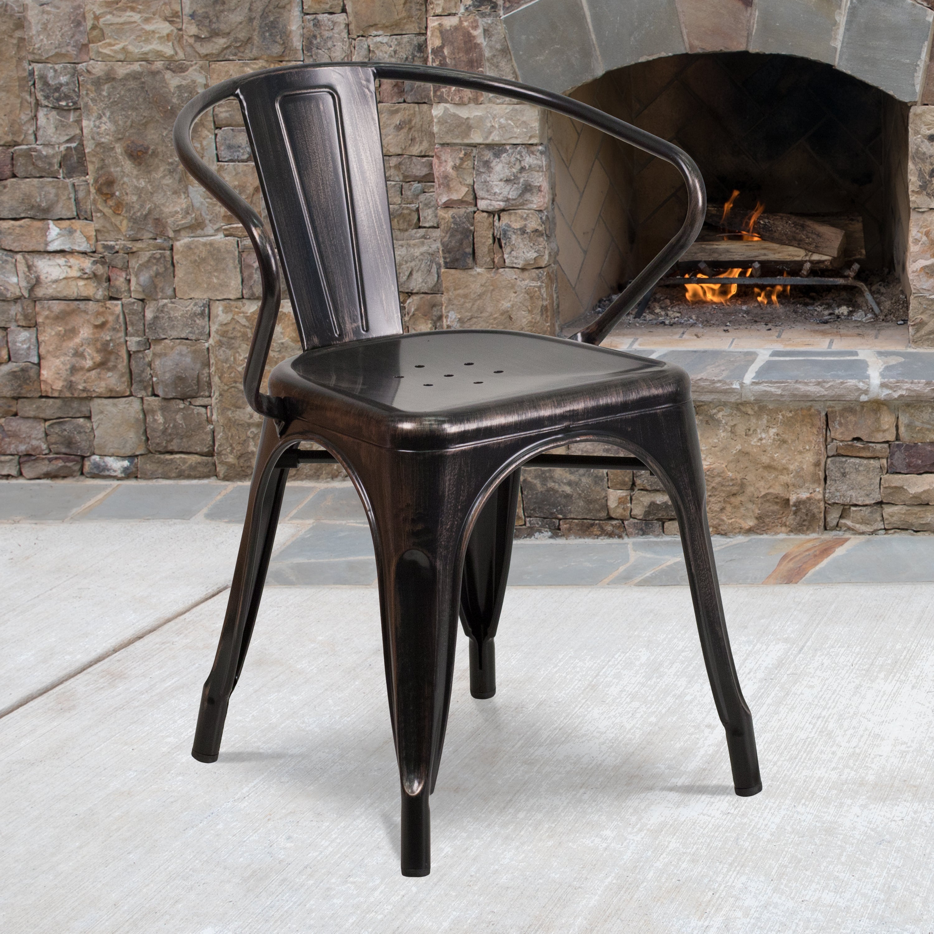 Luna Commercial Grade Black-Antique Gold Metal Indoor-Outdoor Chair with Arms