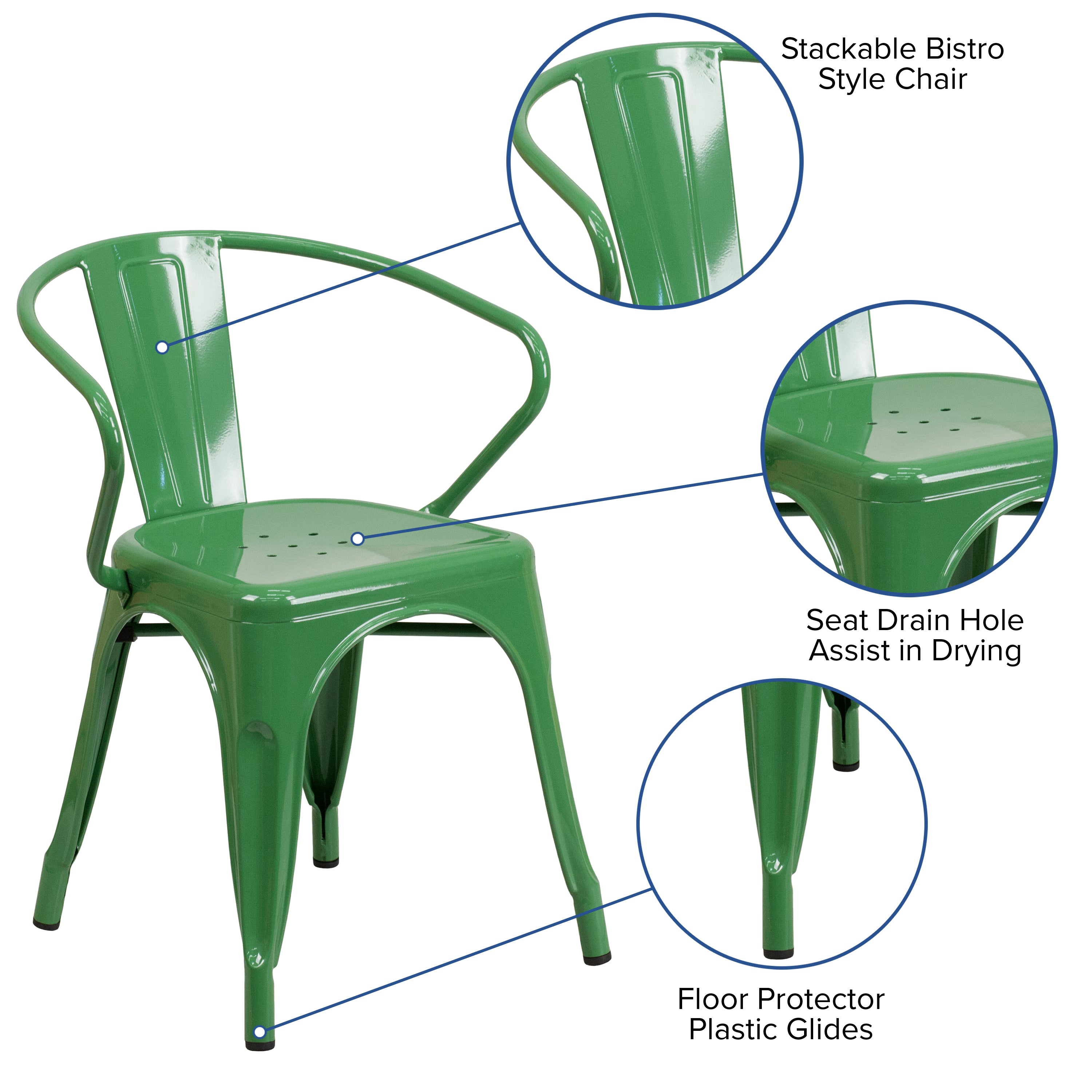 Luna Commercial Grade Green Metal Indoor-Outdoor Chair with Arms