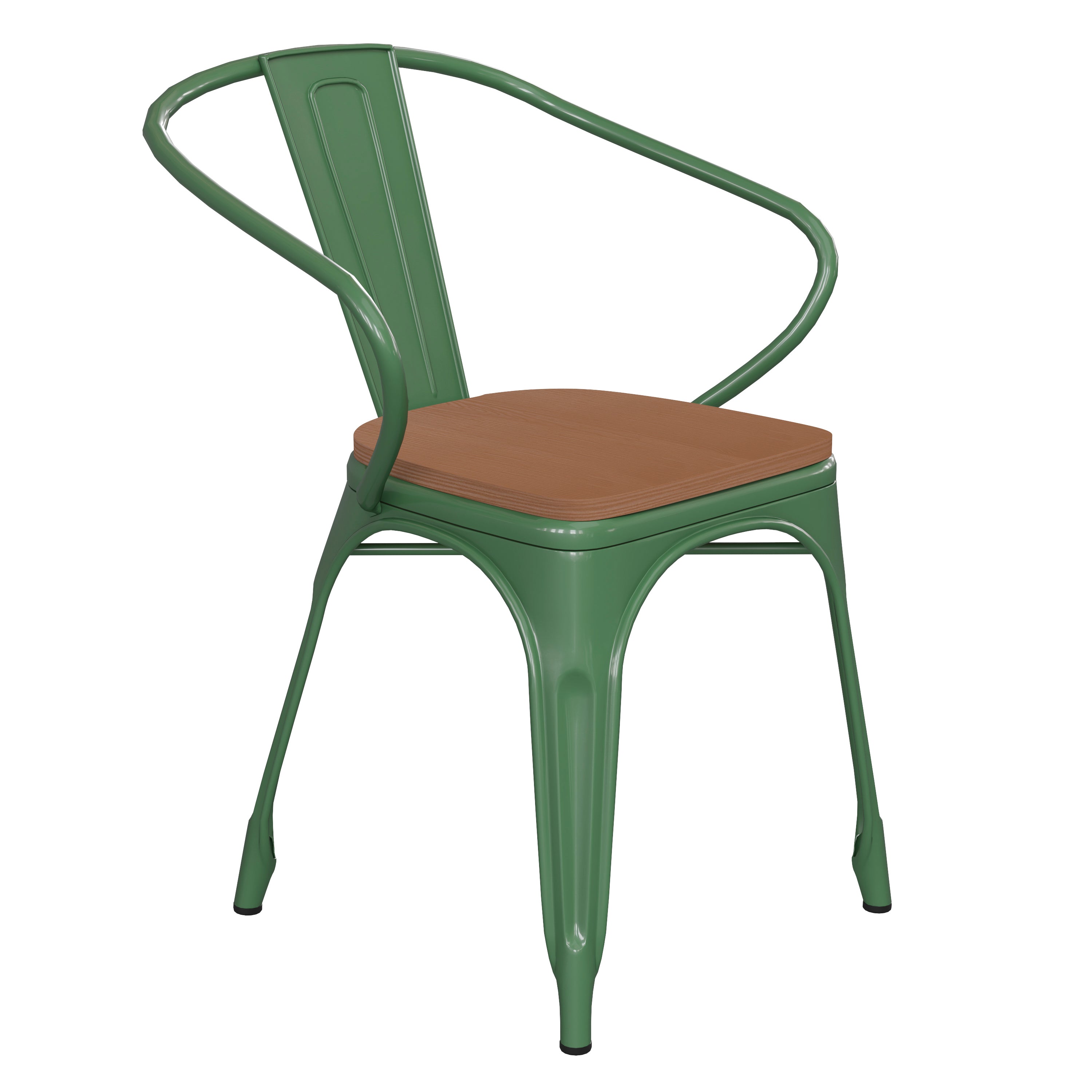 Luna Commercial Grade Green Metal Indoor-Outdoor Chair with Arms with Teak Poly Resin Wood Seat