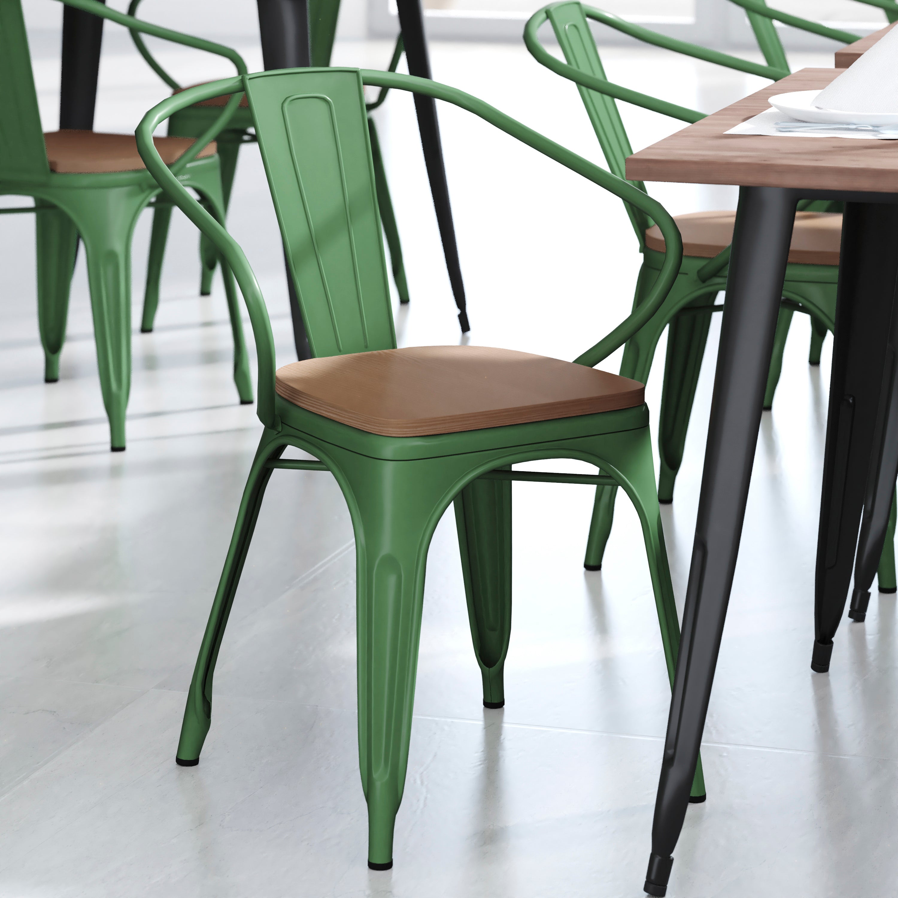 Luna Commercial Grade Green Metal Indoor-Outdoor Chair with Arms with Teak Poly Resin Wood Seat