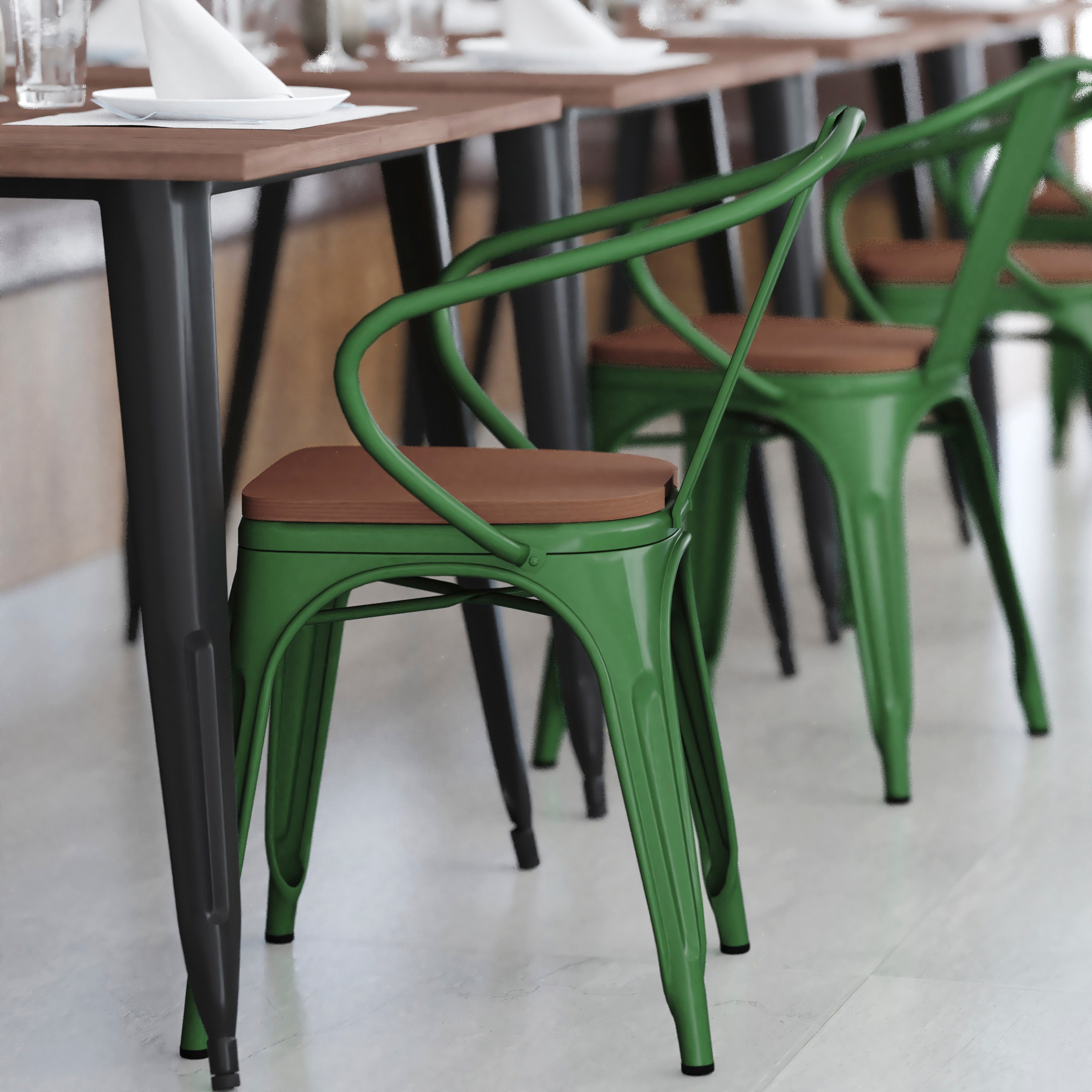 Luna Commercial Grade Green Metal Indoor-Outdoor Chair with Arms with Teak Poly Resin Wood Seat