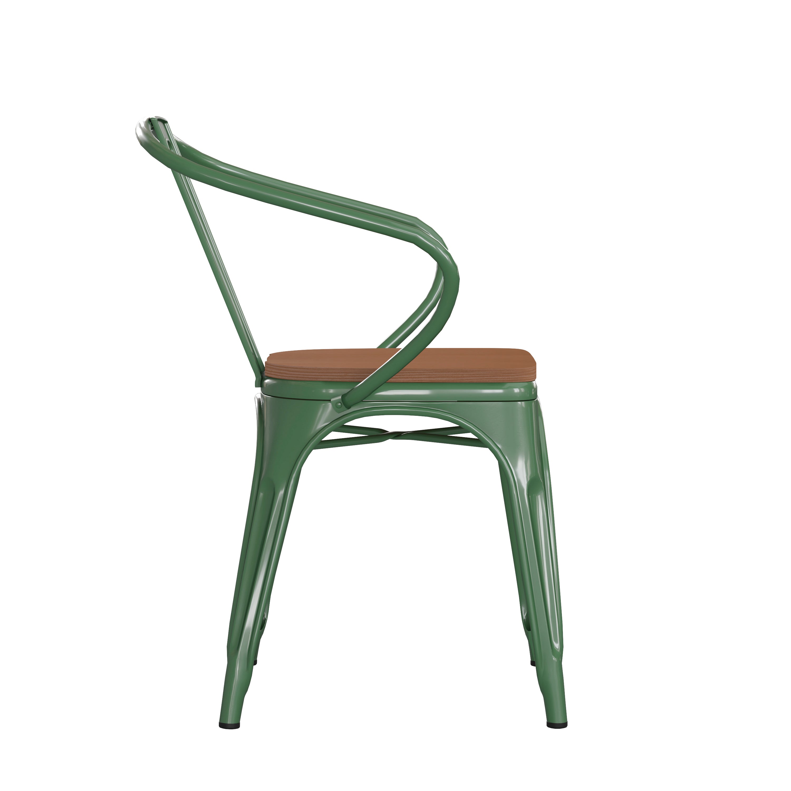 Luna Commercial Grade Green Metal Indoor-Outdoor Chair with Arms with Teak Poly Resin Wood Seat