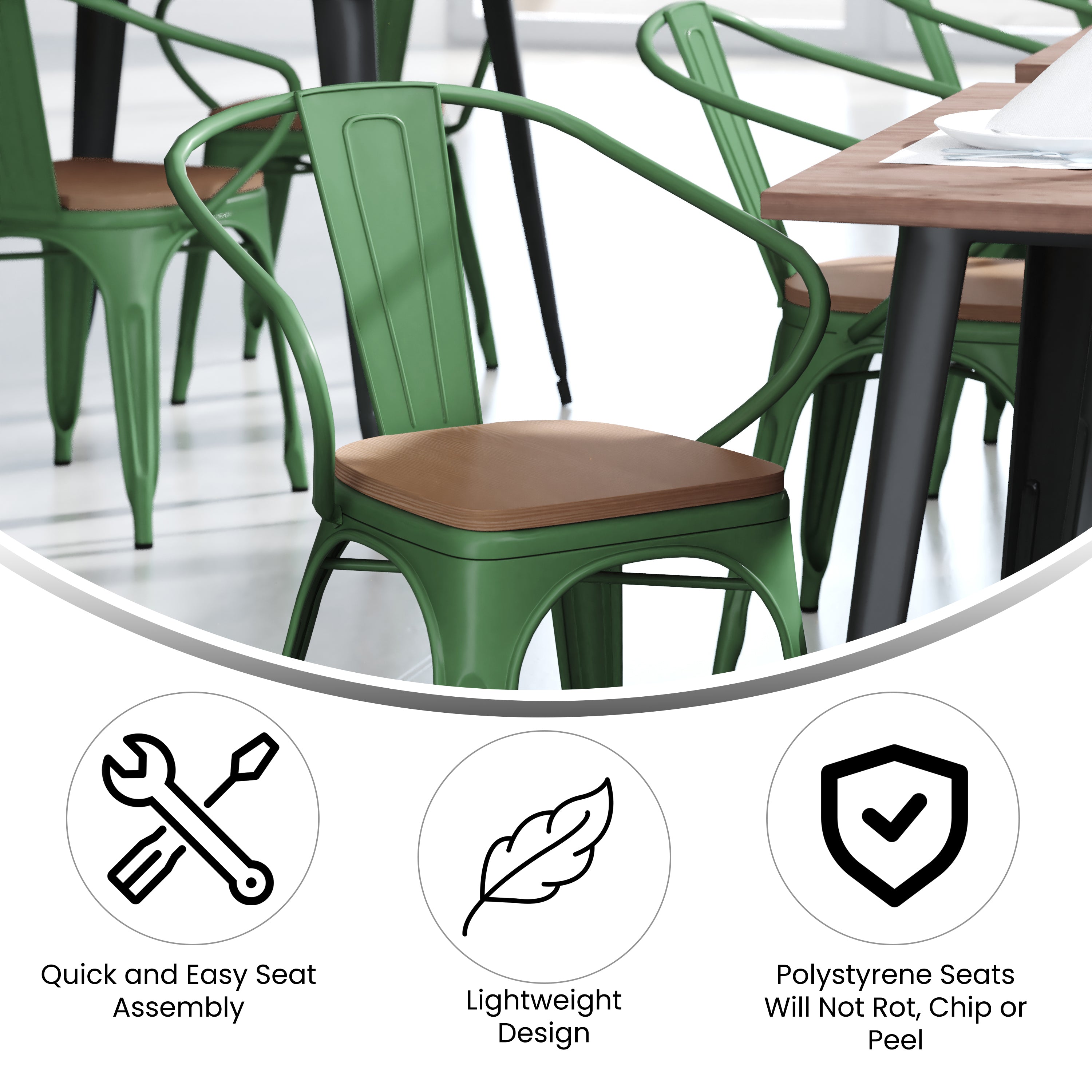 Luna Commercial Grade Green Metal Indoor-Outdoor Chair with Arms with Teak Poly Resin Wood Seat