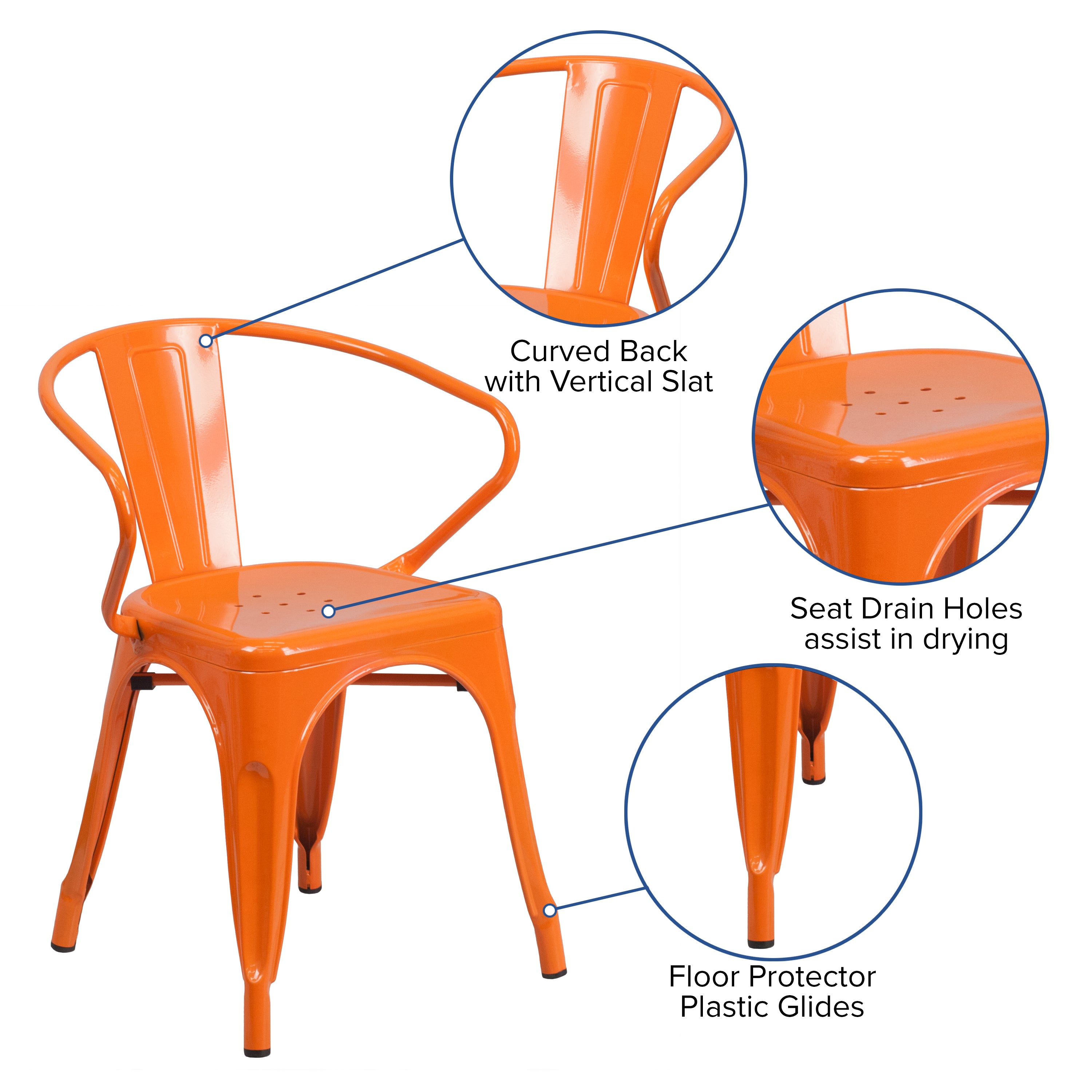 Luna Commercial Grade Orange Metal Indoor-Outdoor Chair with Arms