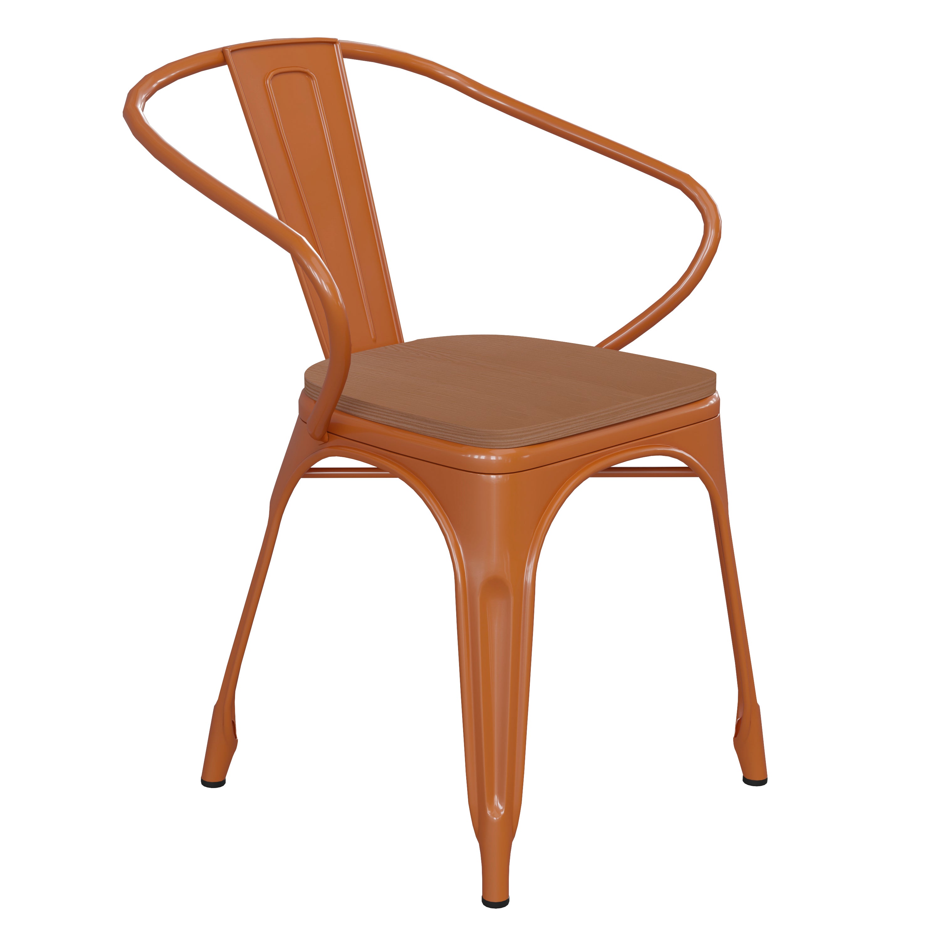 Luna Commercial Grade Orange Metal Indoor-Outdoor Chair with Arms with Teak Poly Resin Wood Seat