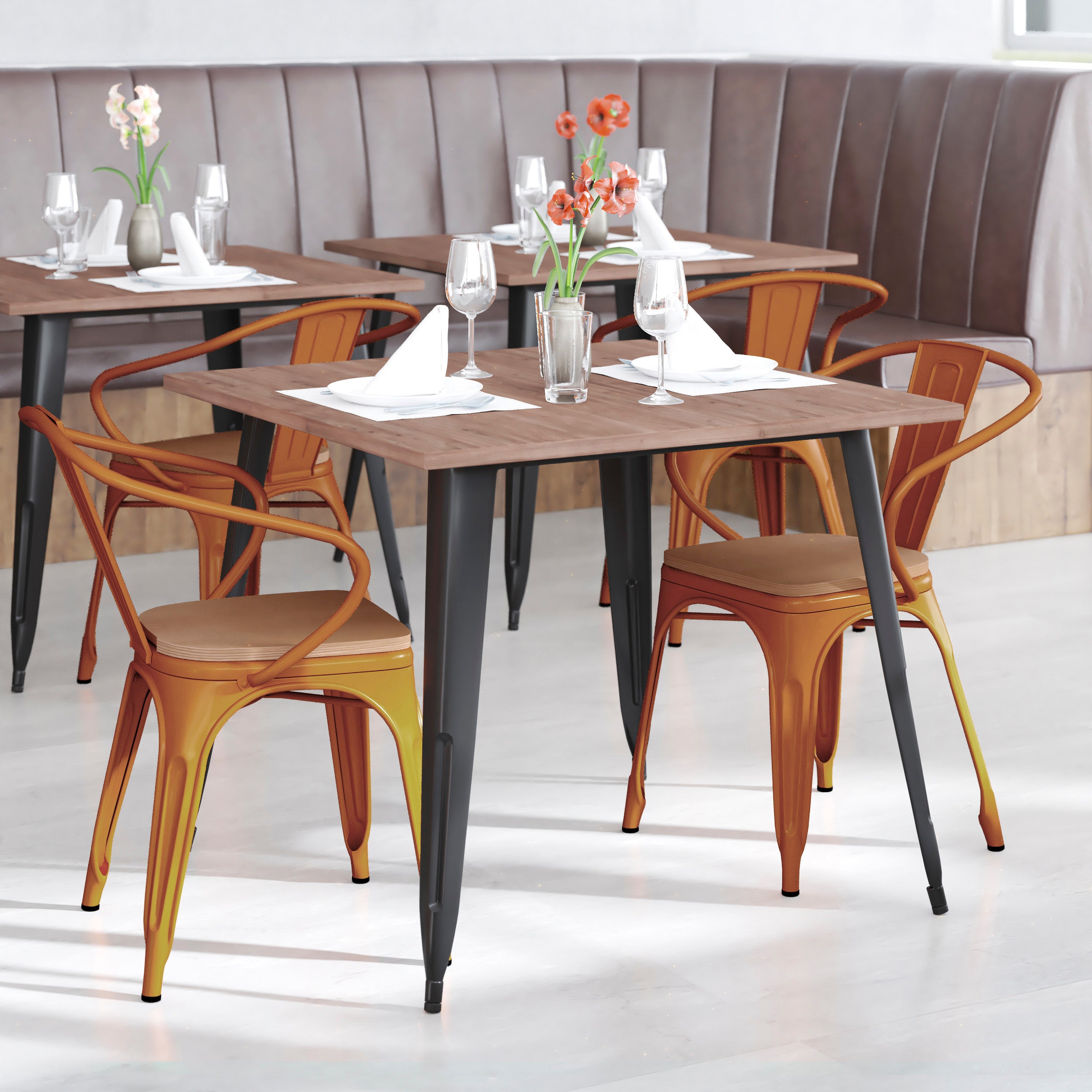 Luna Commercial Grade Orange Metal Indoor-Outdoor Chair with Arms with Teak Poly Resin Wood Seat