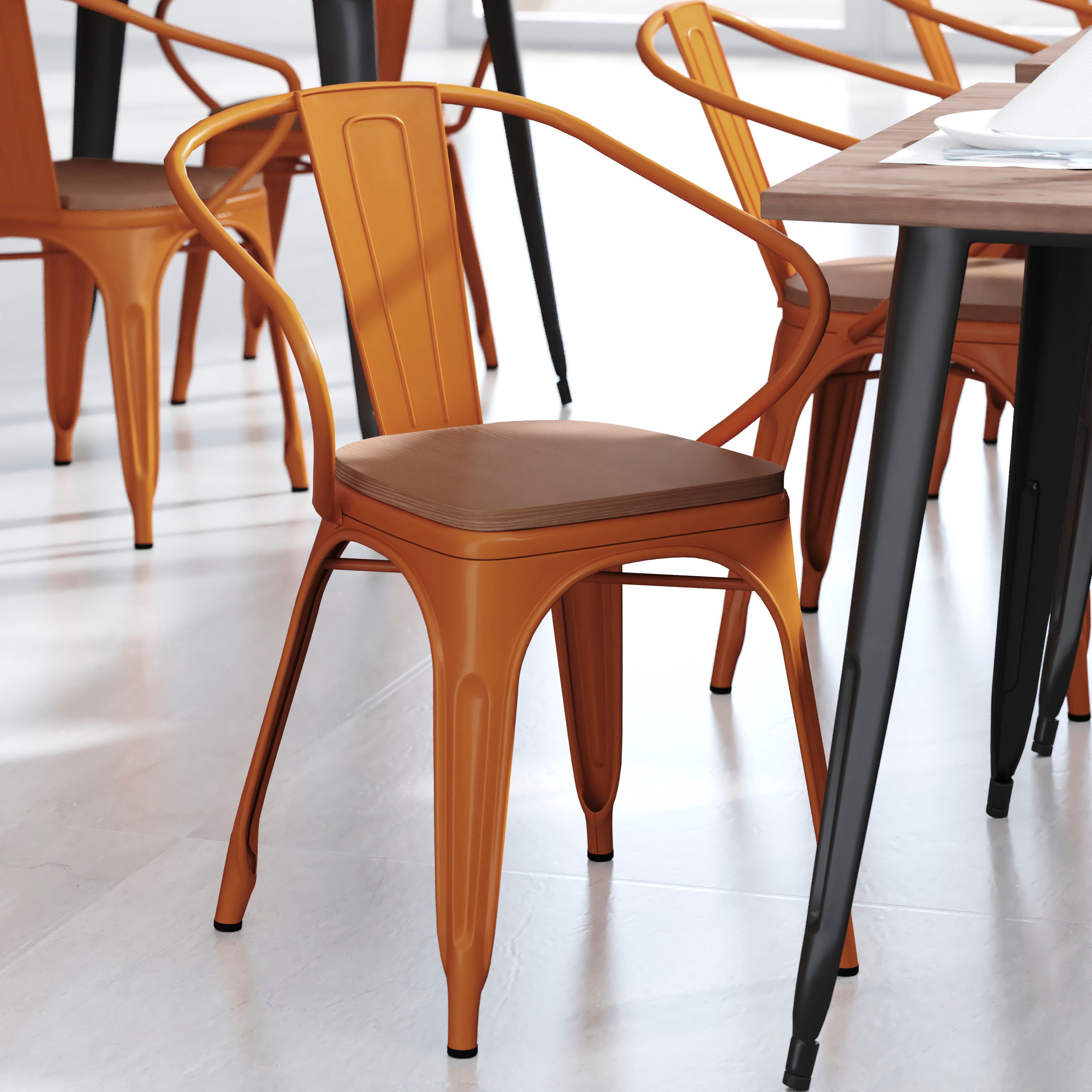 Luna Commercial Grade Orange Metal Indoor-Outdoor Chair with Arms with Teak Poly Resin Wood Seat