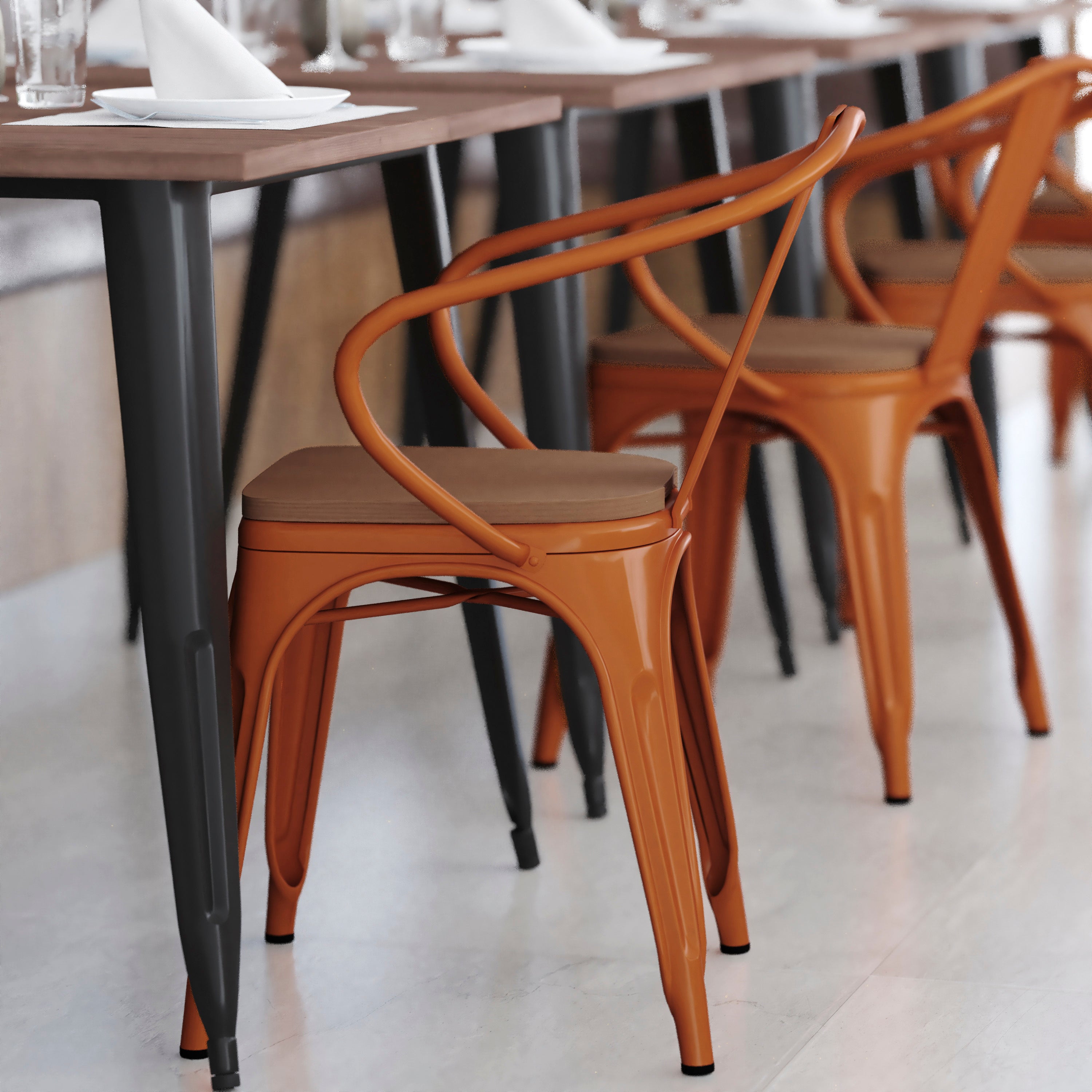 Luna Commercial Grade Orange Metal Indoor-Outdoor Chair with Arms with Teak Poly Resin Wood Seat