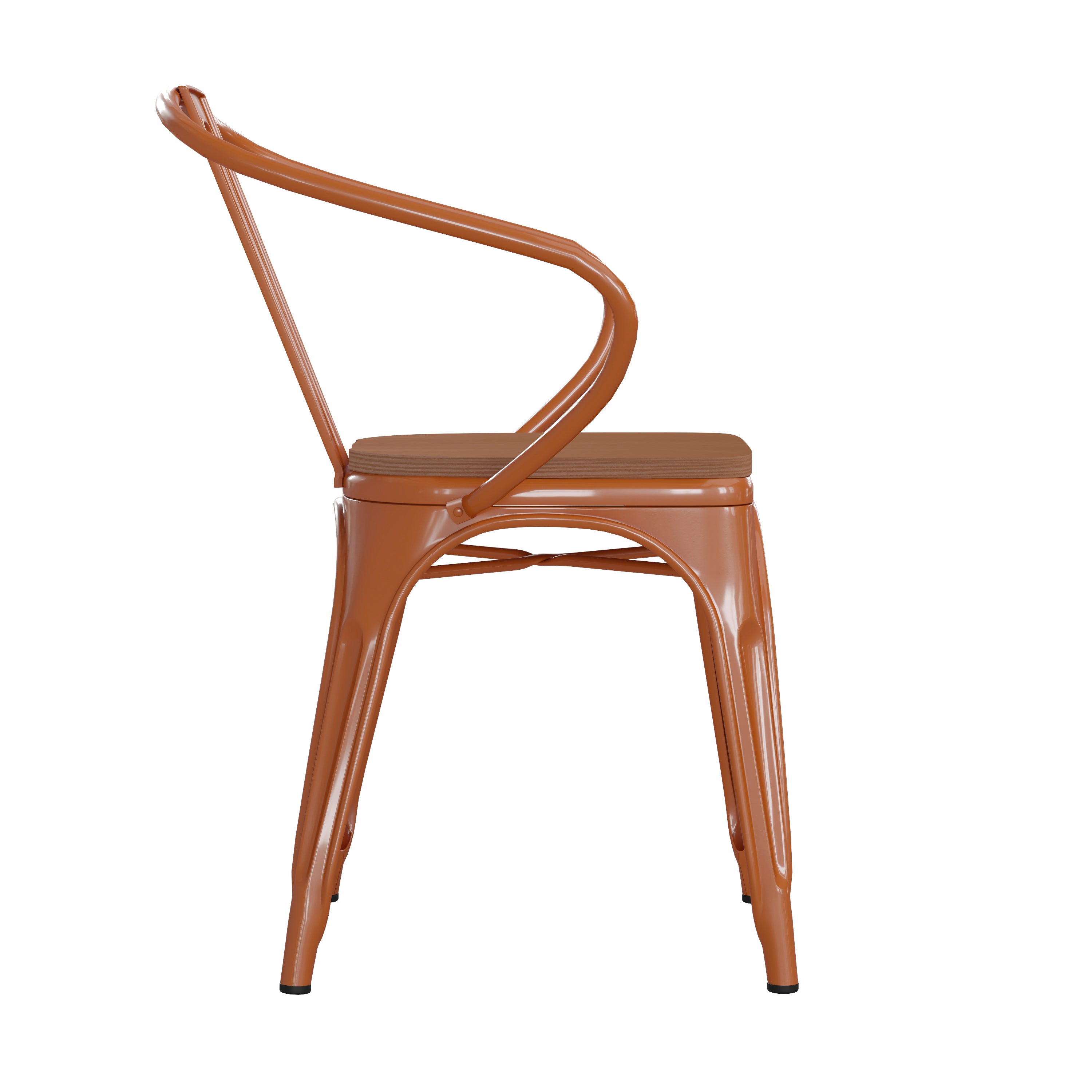 Luna Commercial Grade Orange Metal Indoor-Outdoor Chair with Arms with Teak Poly Resin Wood Seat