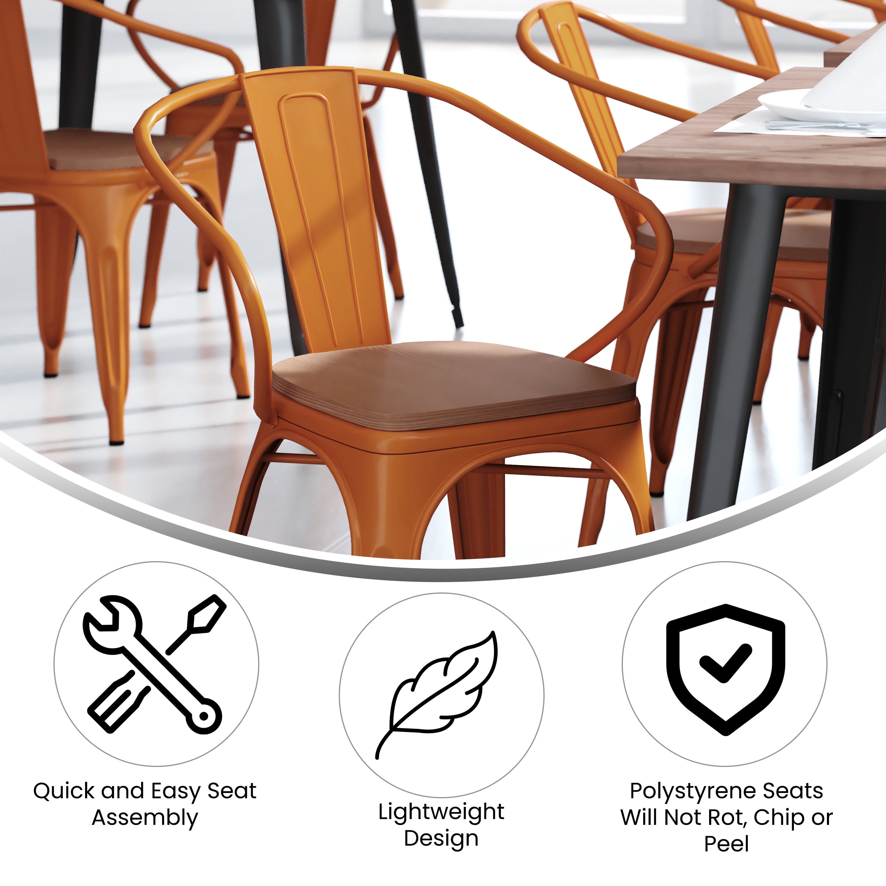 Luna Commercial Grade Orange Metal Indoor-Outdoor Chair with Arms with Teak Poly Resin Wood Seat