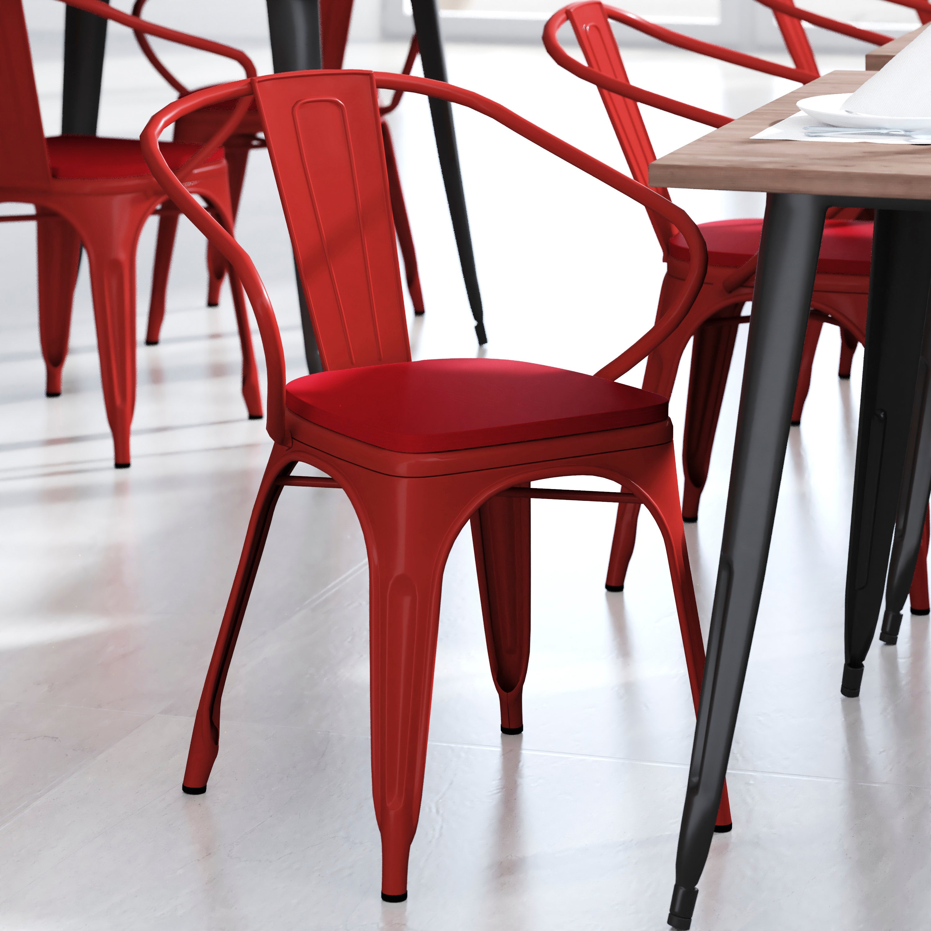 Luna Commercial Grade Red Metal Indoor-Outdoor Chair with Arms with Red Poly Resin Wood Seat