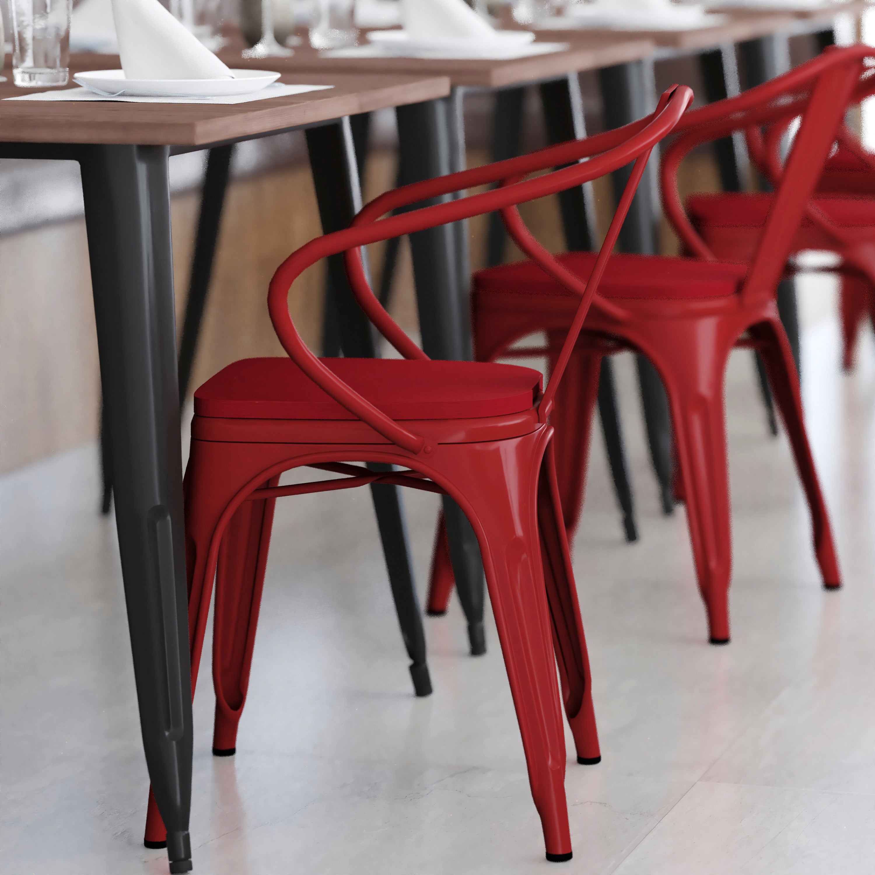 Luna Commercial Grade Red Metal Indoor-Outdoor Chair with Arms with Red Poly Resin Wood Seat