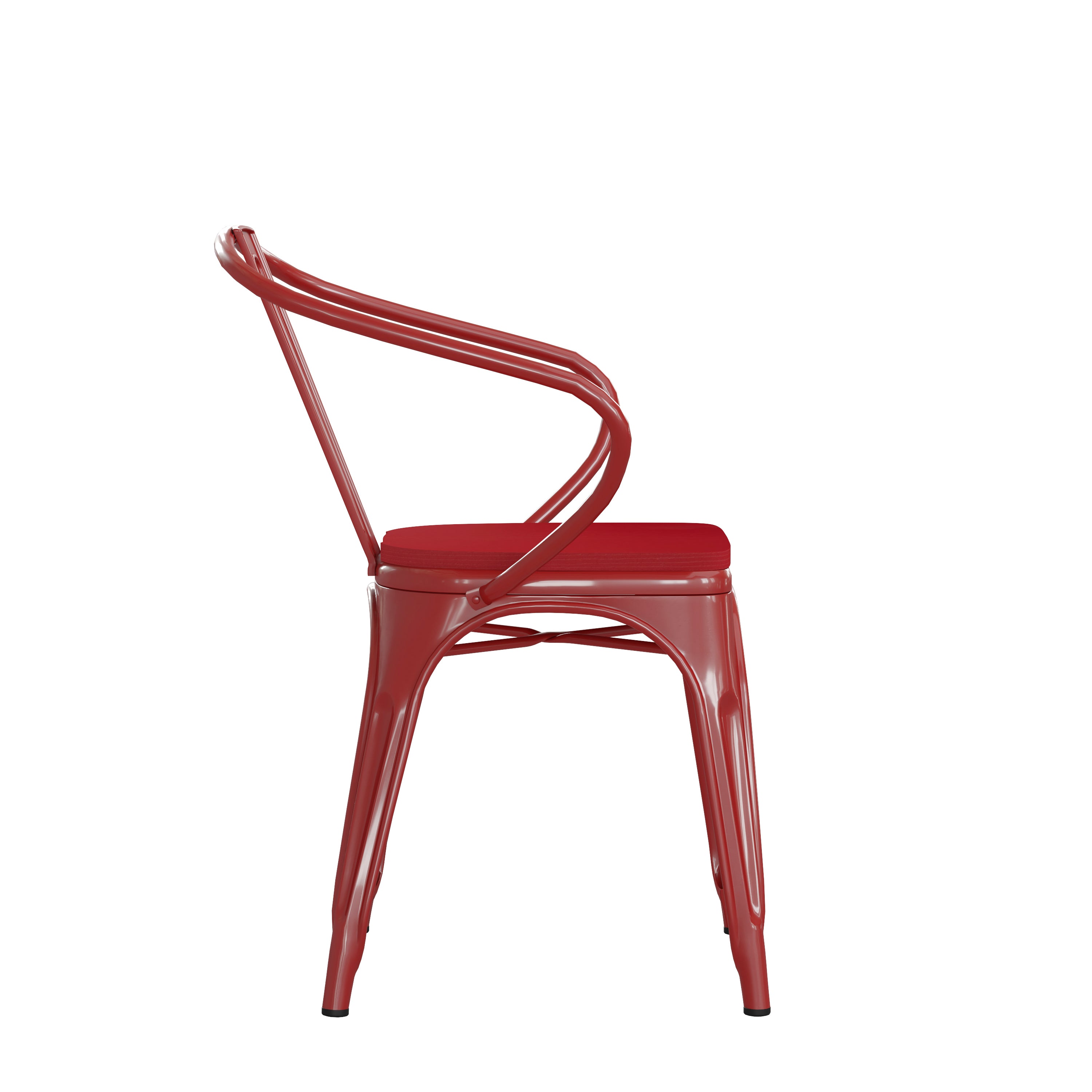 Luna Commercial Grade Red Metal Indoor-Outdoor Chair with Arms with Red Poly Resin Wood Seat