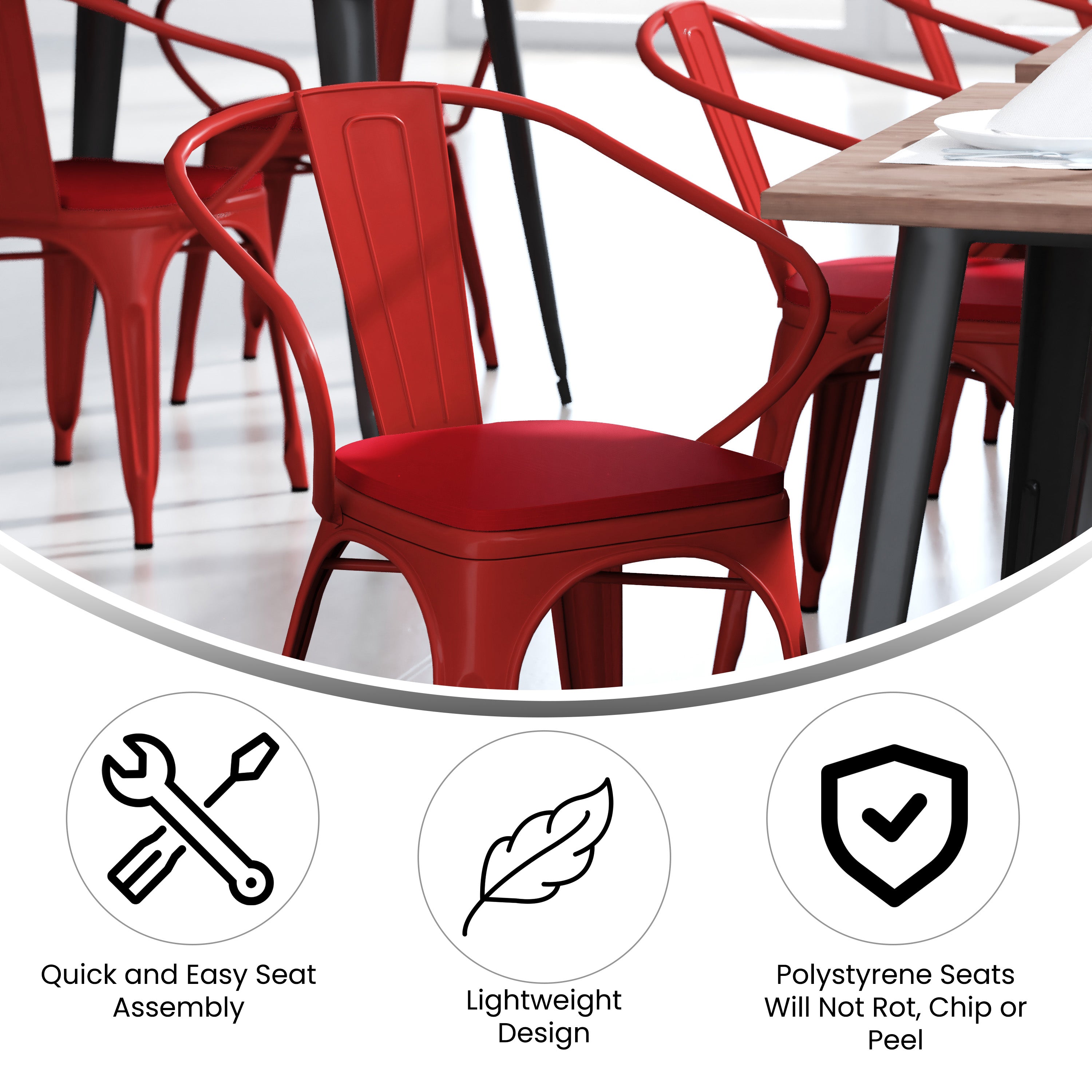 Luna Commercial Grade Red Metal Indoor-Outdoor Chair with Arms with Red Poly Resin Wood Seat