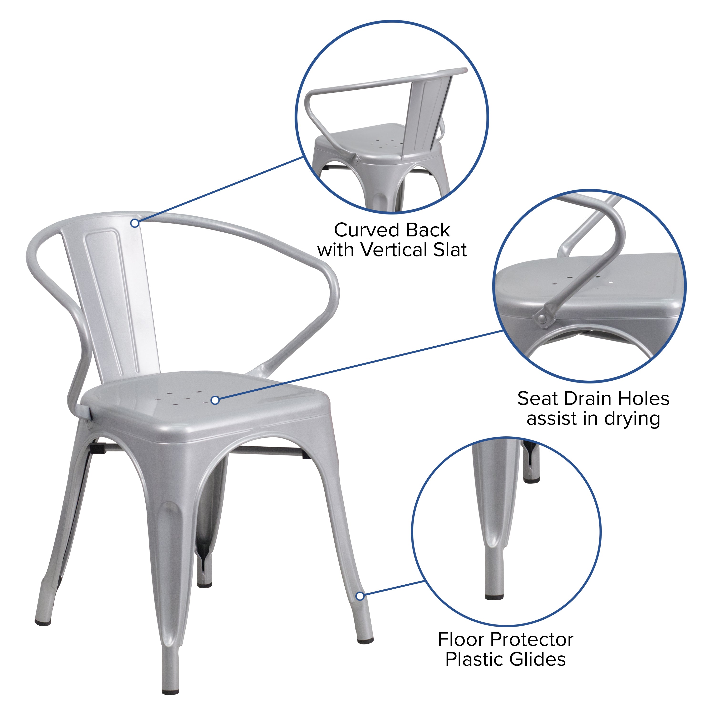 Luna Commercial Grade Silver Metal Indoor-Outdoor Chair with Arms