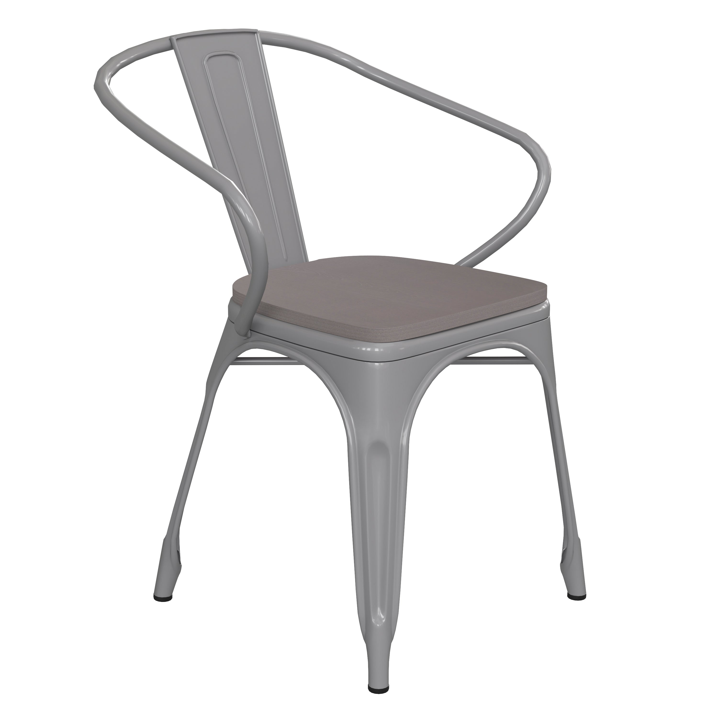 Luna Commercial Grade Silver Metal Indoor-Outdoor Chair with Arms with Gray Poly Resin Wood Seat