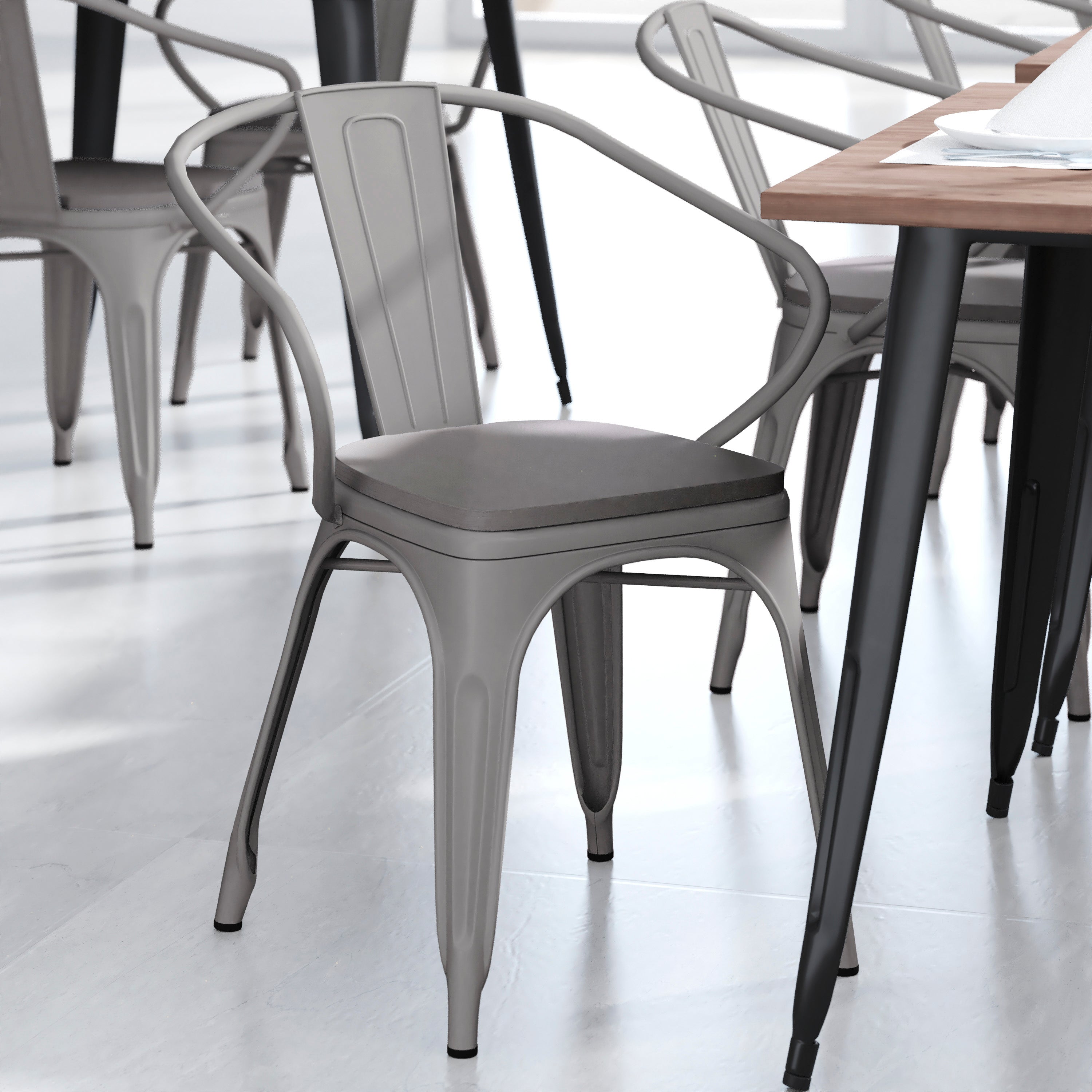 Luna Commercial Grade Silver Metal Indoor-Outdoor Chair with Arms with Gray Poly Resin Wood Seat