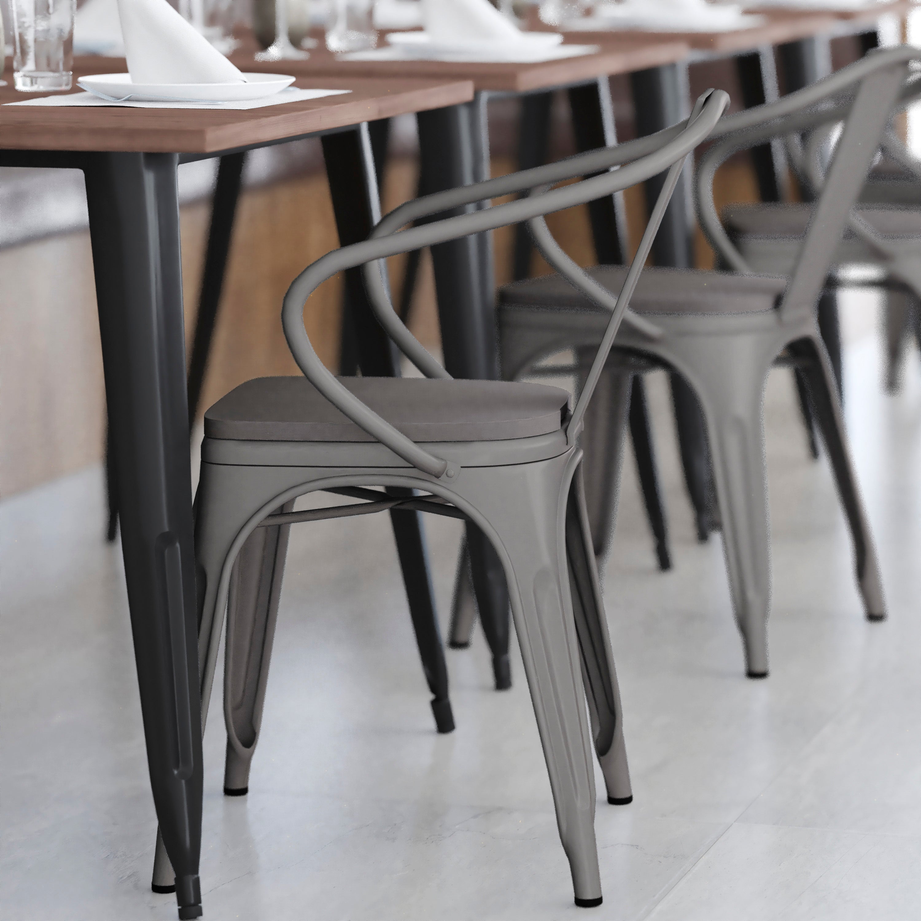 Luna Commercial Grade Silver Metal Indoor-Outdoor Chair with Arms with Gray Poly Resin Wood Seat