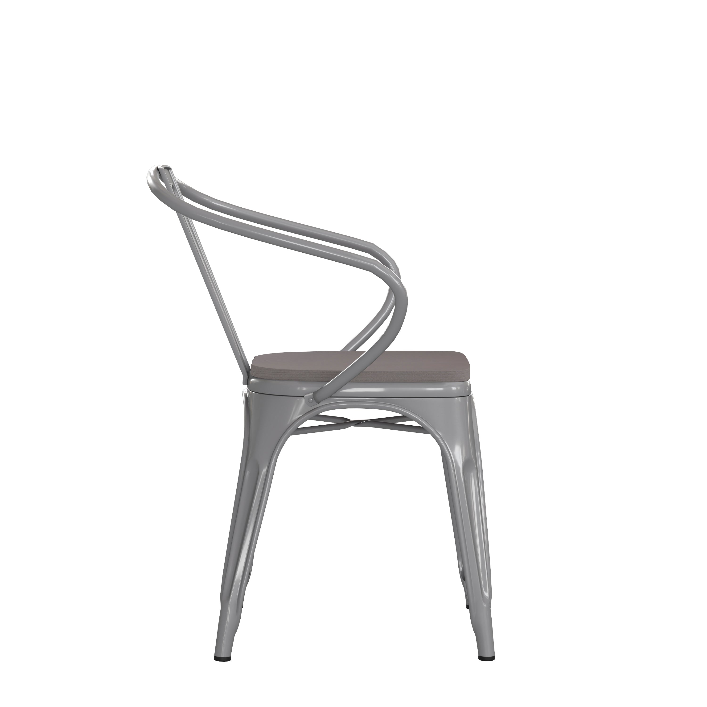Luna Commercial Grade Silver Metal Indoor-Outdoor Chair with Arms with Gray Poly Resin Wood Seat