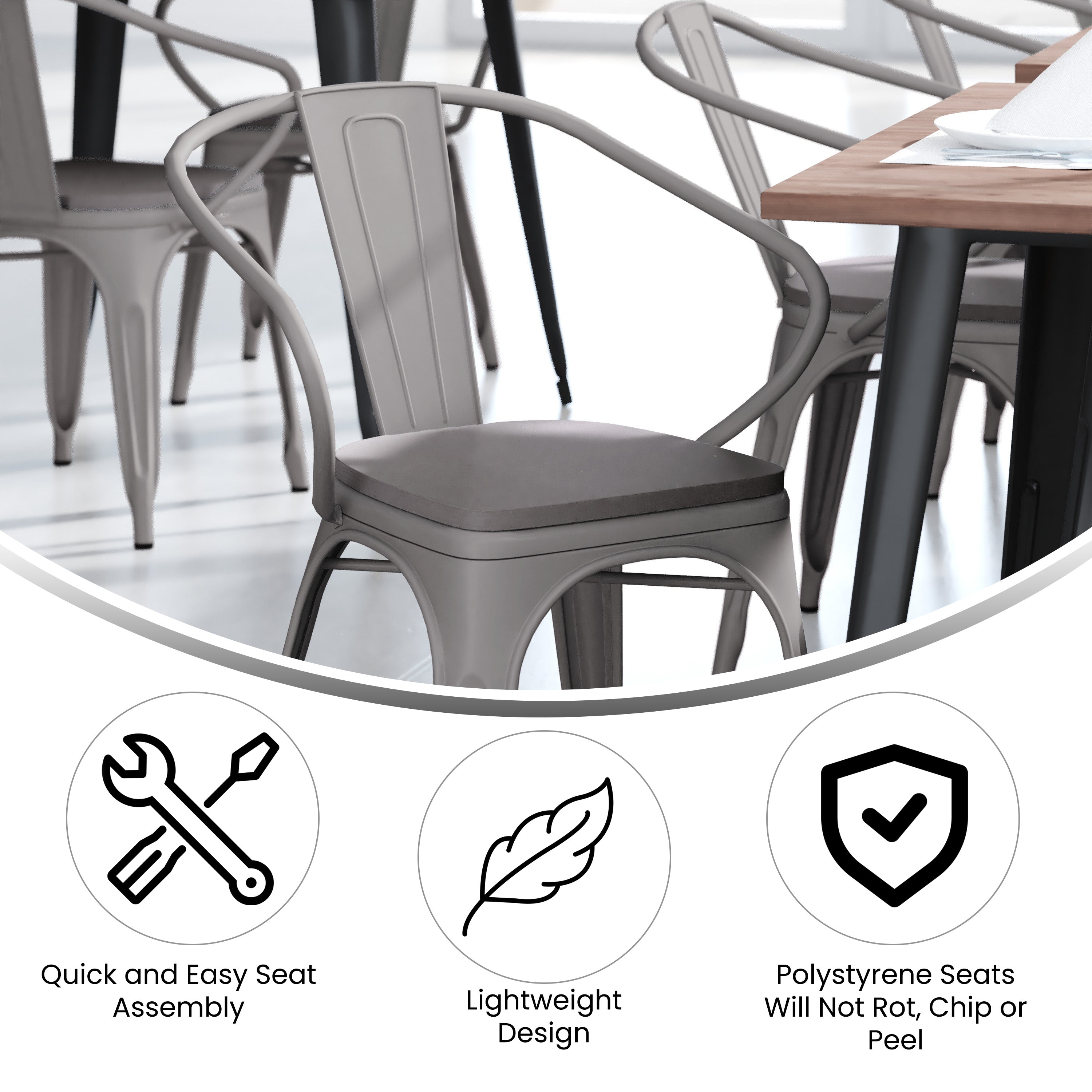 Luna Commercial Grade Silver Metal Indoor-Outdoor Chair with Arms with Gray Poly Resin Wood Seat
