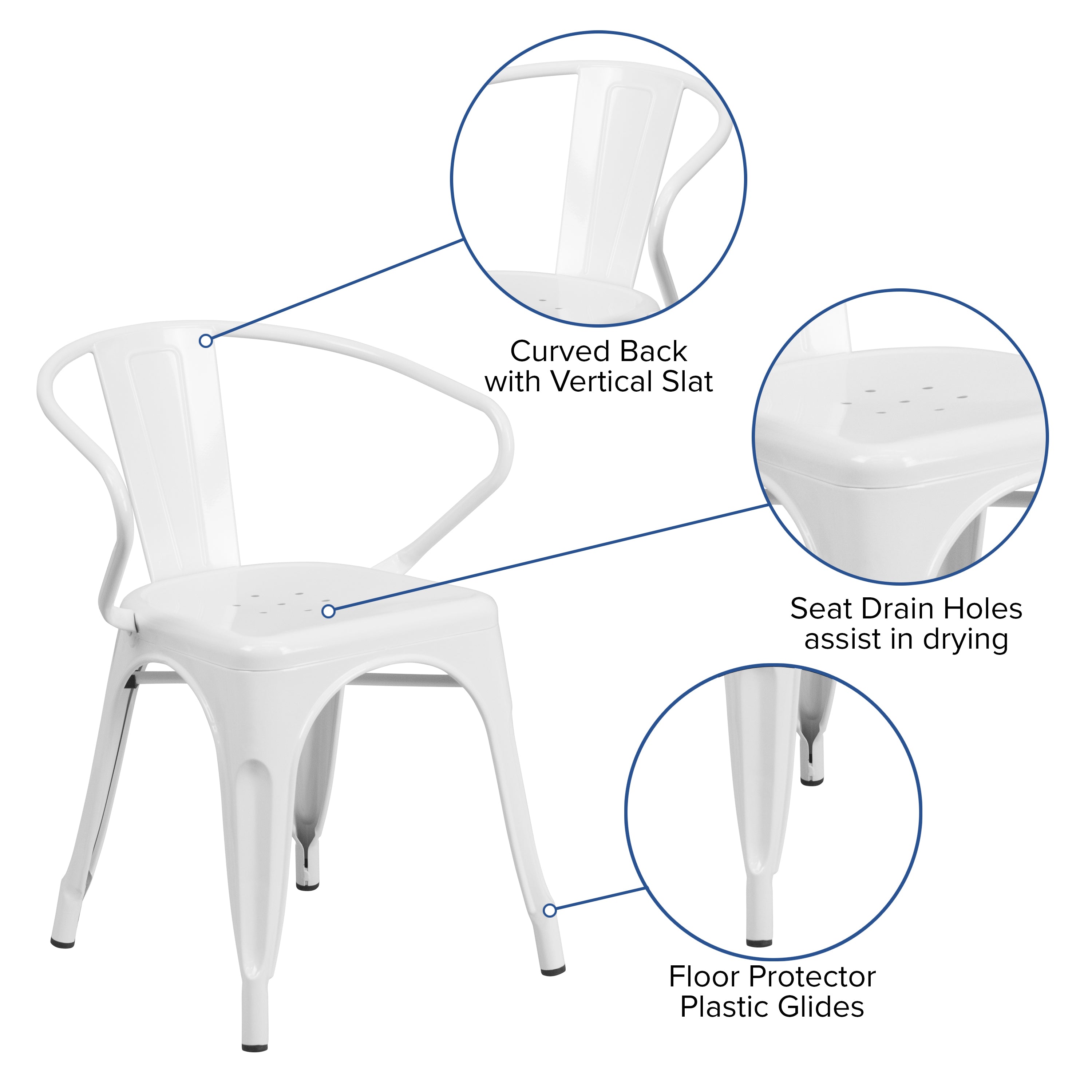 Luna Commercial Grade White Metal Indoor-Outdoor Chair with Arms