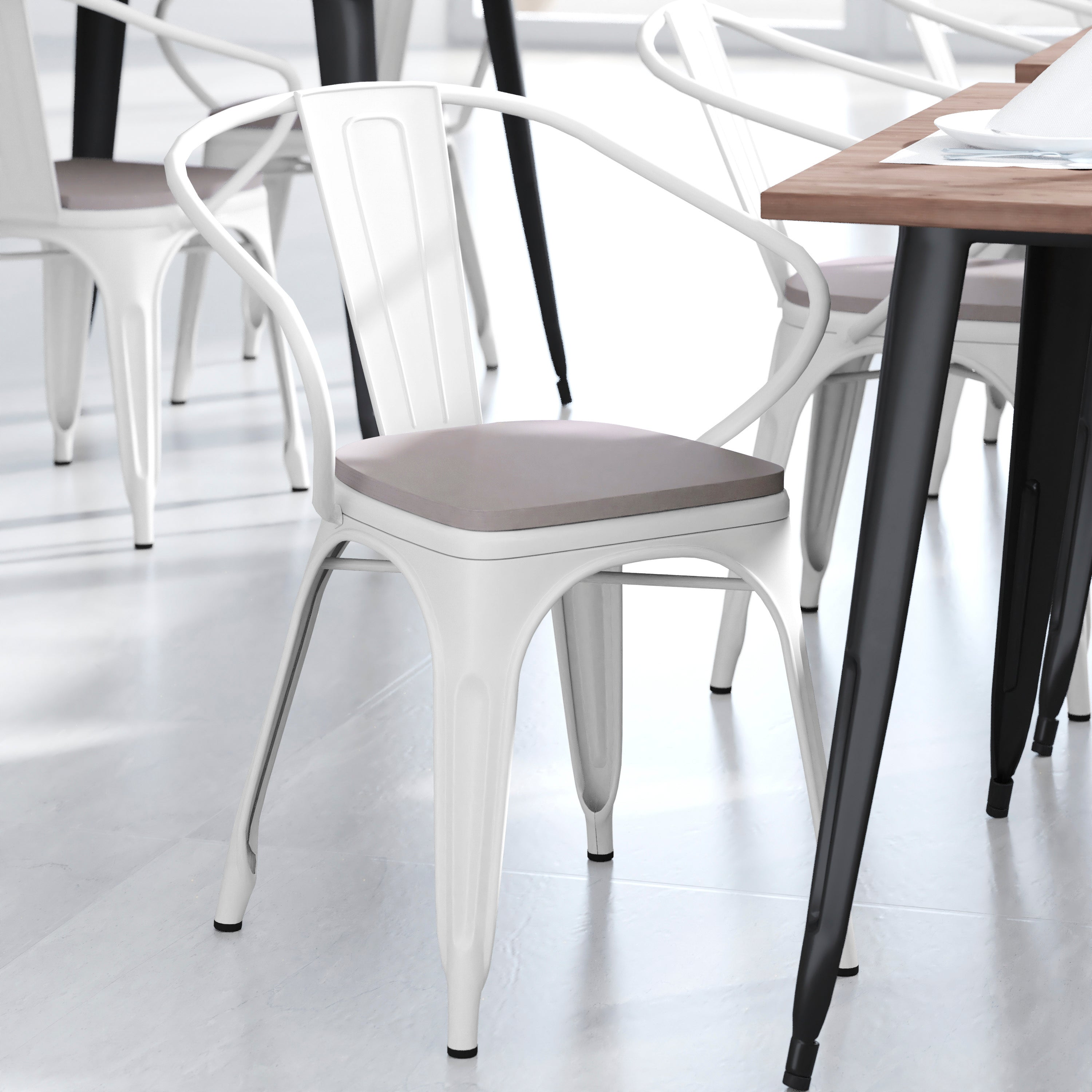 Luna Commercial Grade White Metal Indoor-Outdoor Chair with Arms with Gray Poly Resin Wood Seat