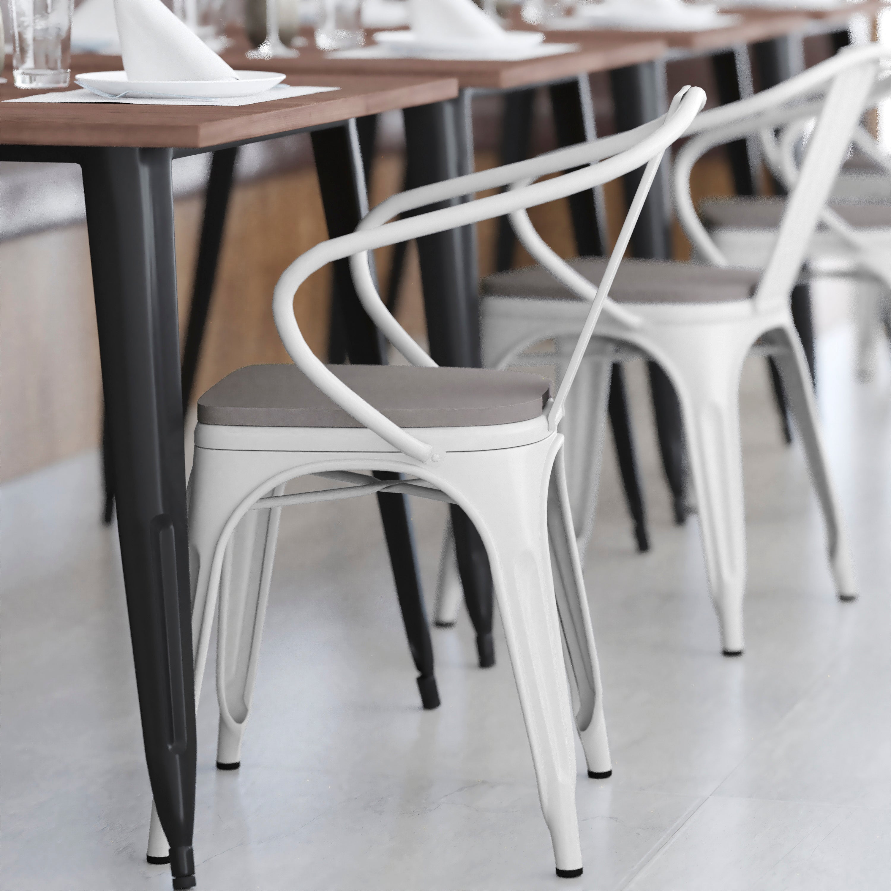 Luna Commercial Grade White Metal Indoor-Outdoor Chair with Arms with Gray Poly Resin Wood Seat