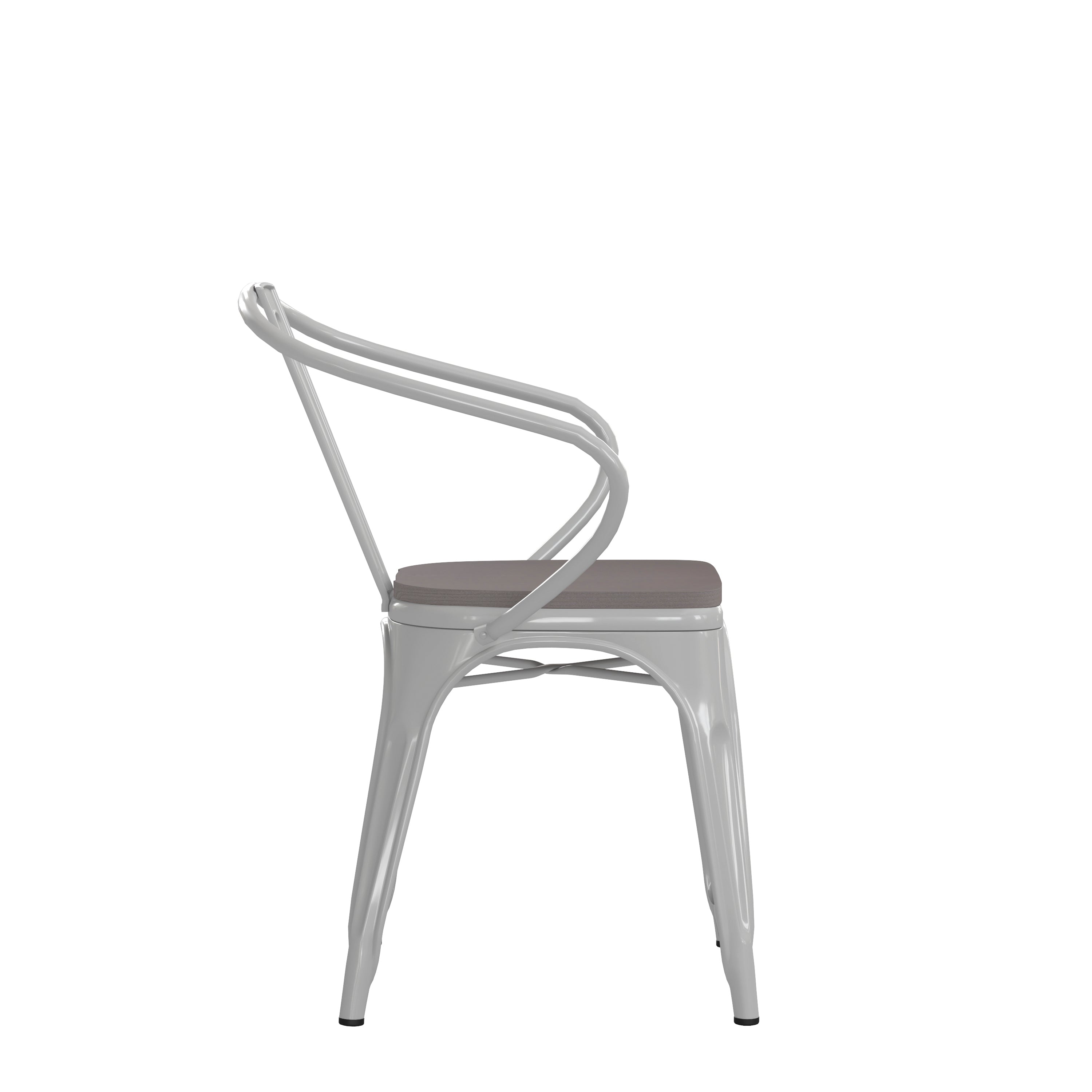 Luna Commercial Grade White Metal Indoor-Outdoor Chair with Arms with Gray Poly Resin Wood Seat