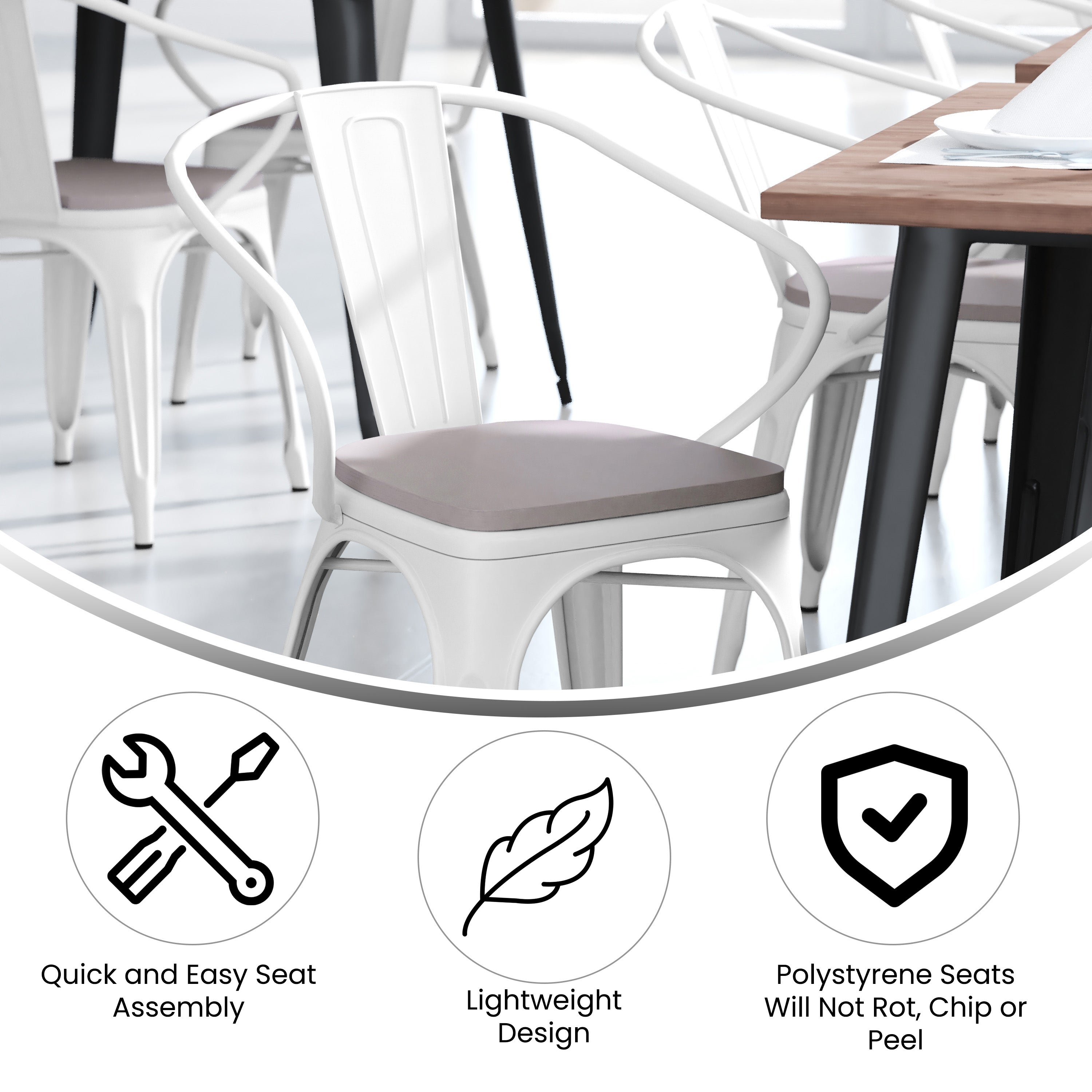 Luna Commercial Grade White Metal Indoor-Outdoor Chair with Arms with Gray Poly Resin Wood Seat