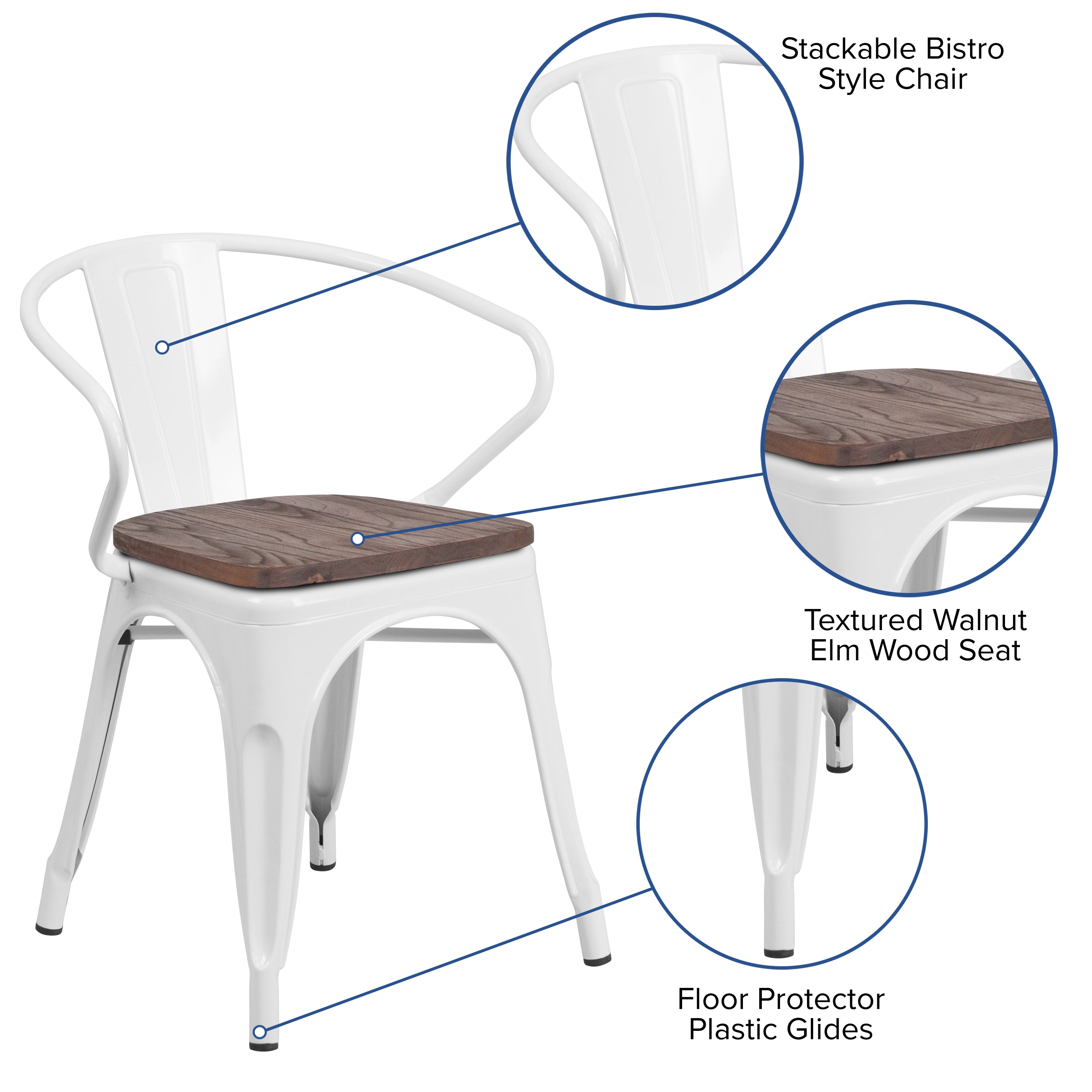 Luna White Metal Chair with Wood Seat and Arms