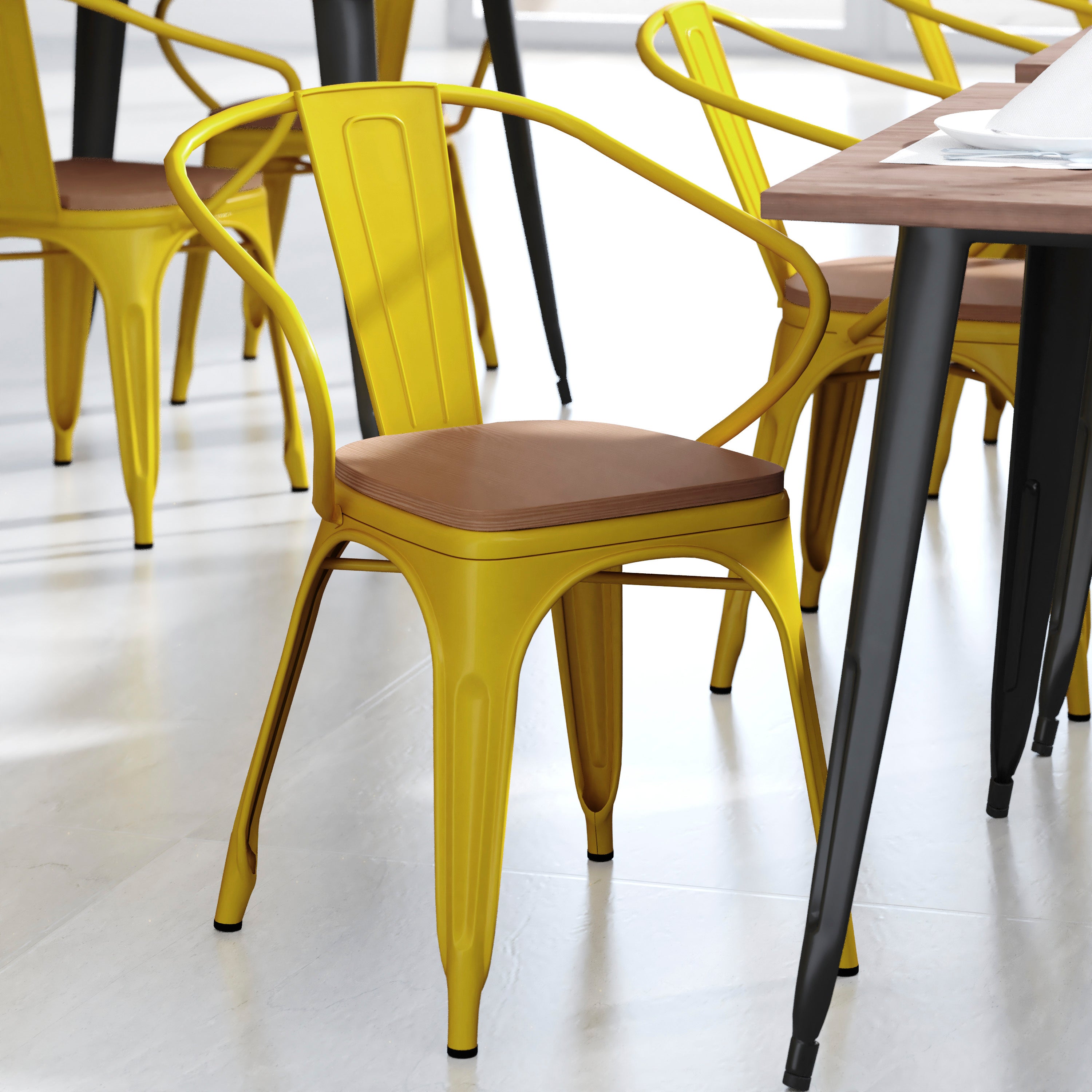 Luna Commercial Grade Yellow Metal Indoor-Outdoor Chair with Arms with Teak Poly Resin Wood Seat