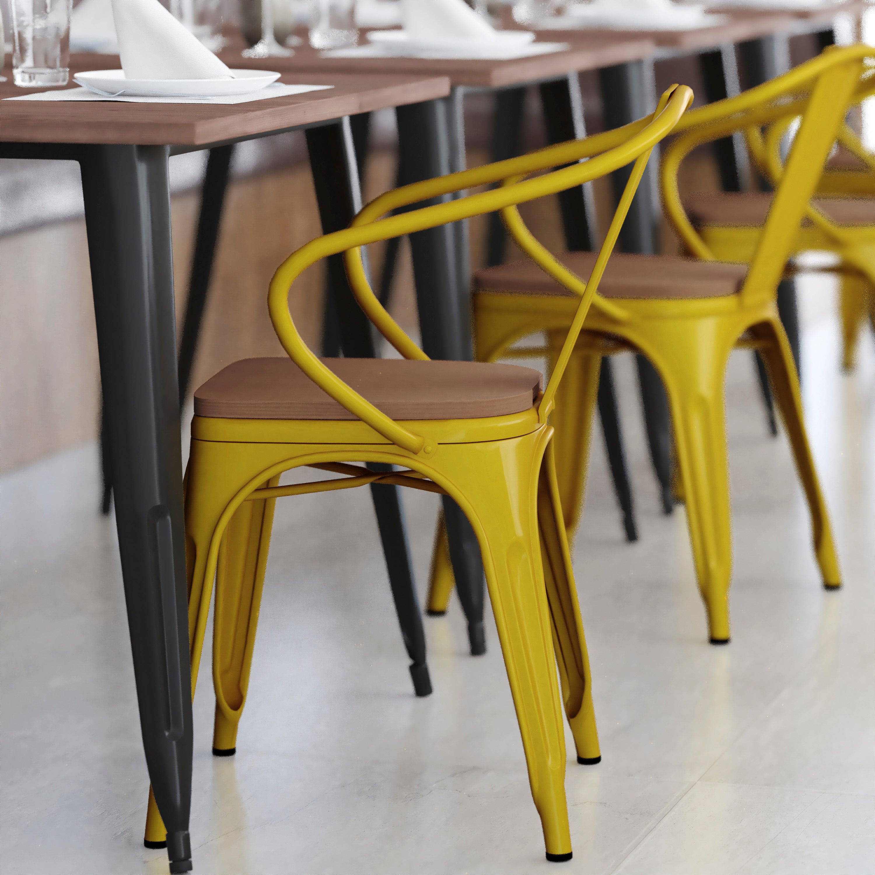 Luna Commercial Grade Yellow Metal Indoor-Outdoor Chair with Arms with Teak Poly Resin Wood Seat