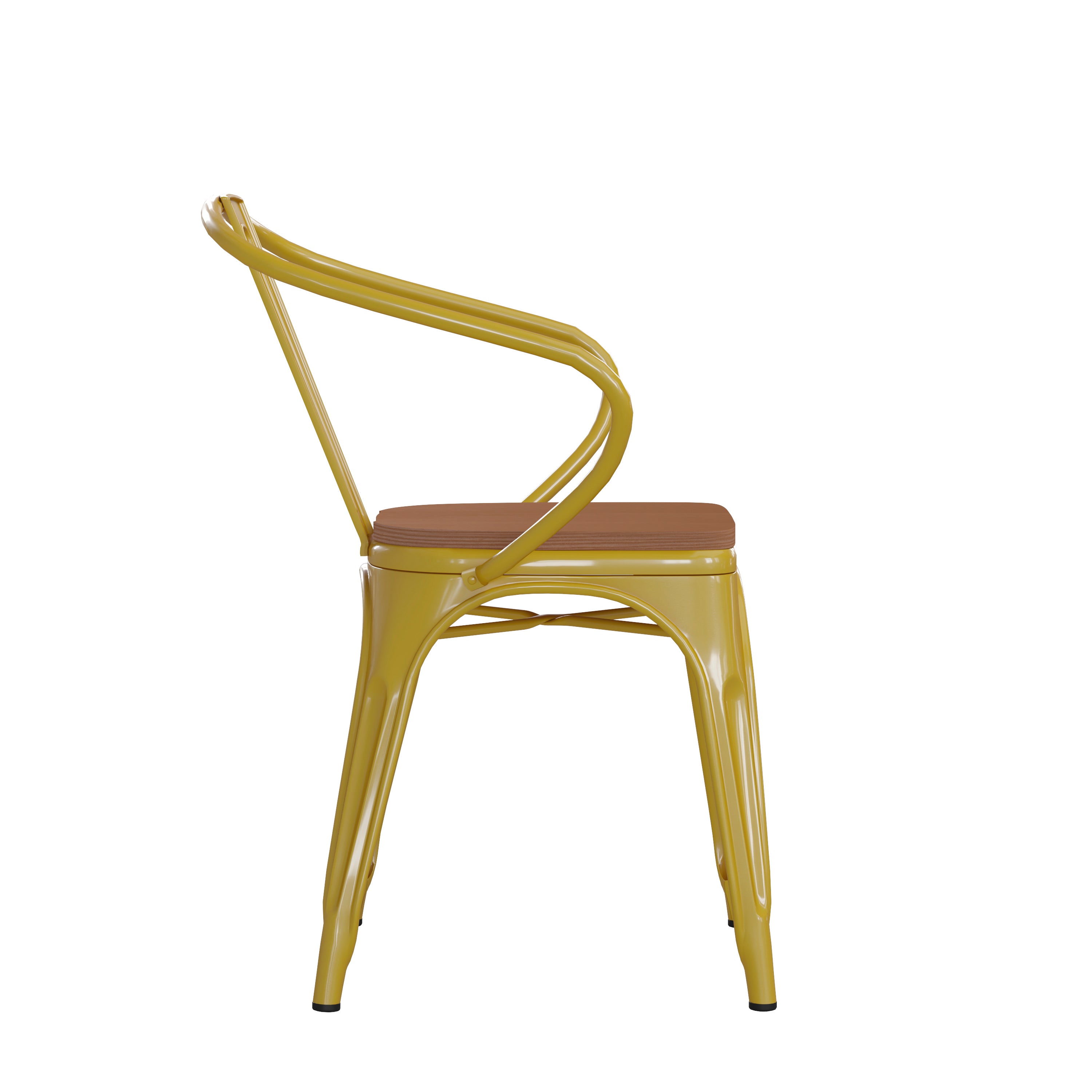 Luna Commercial Grade Yellow Metal Indoor-Outdoor Chair with Arms with Teak Poly Resin Wood Seat