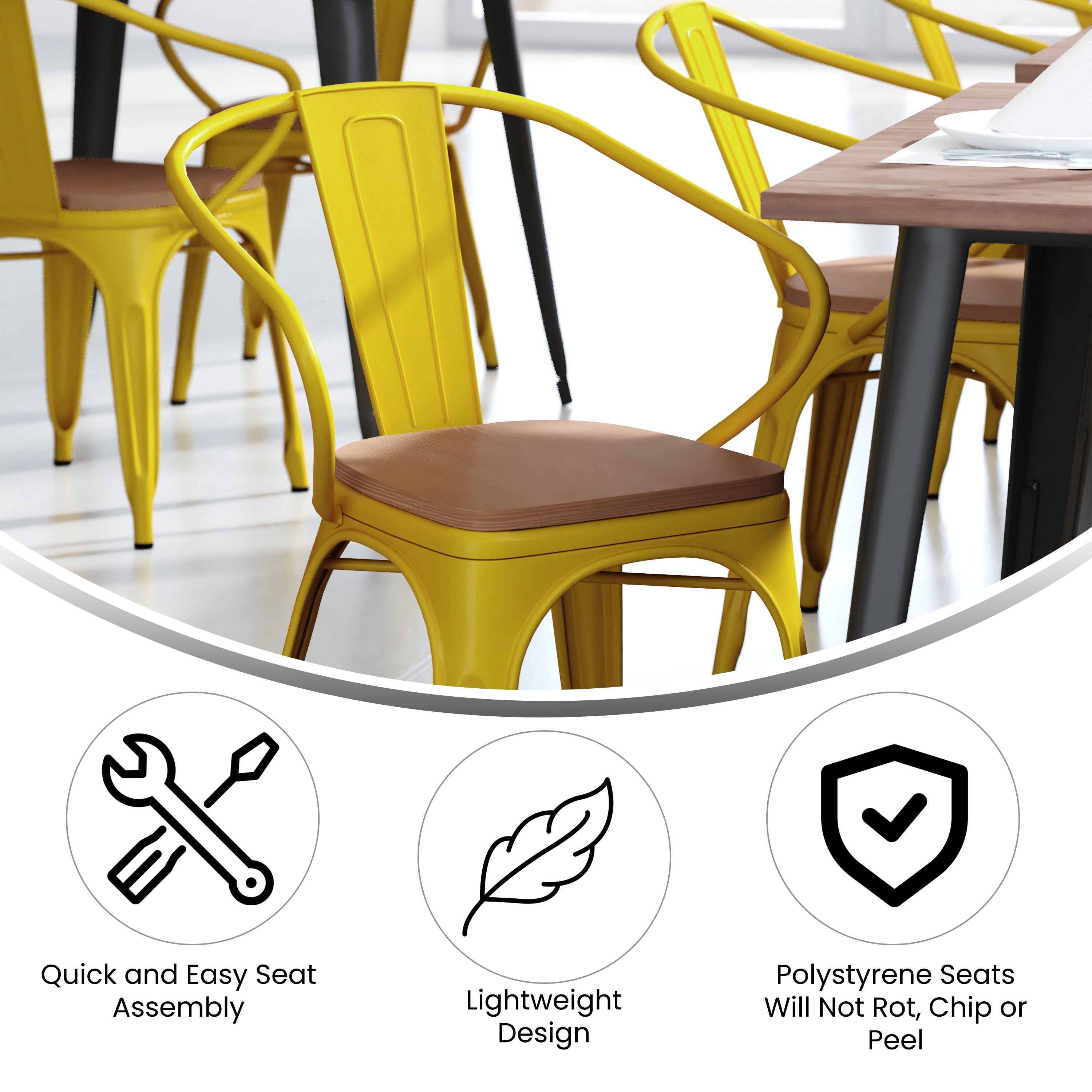 Luna Commercial Grade Yellow Metal Indoor-Outdoor Chair with Arms with Teak Poly Resin Wood Seat
